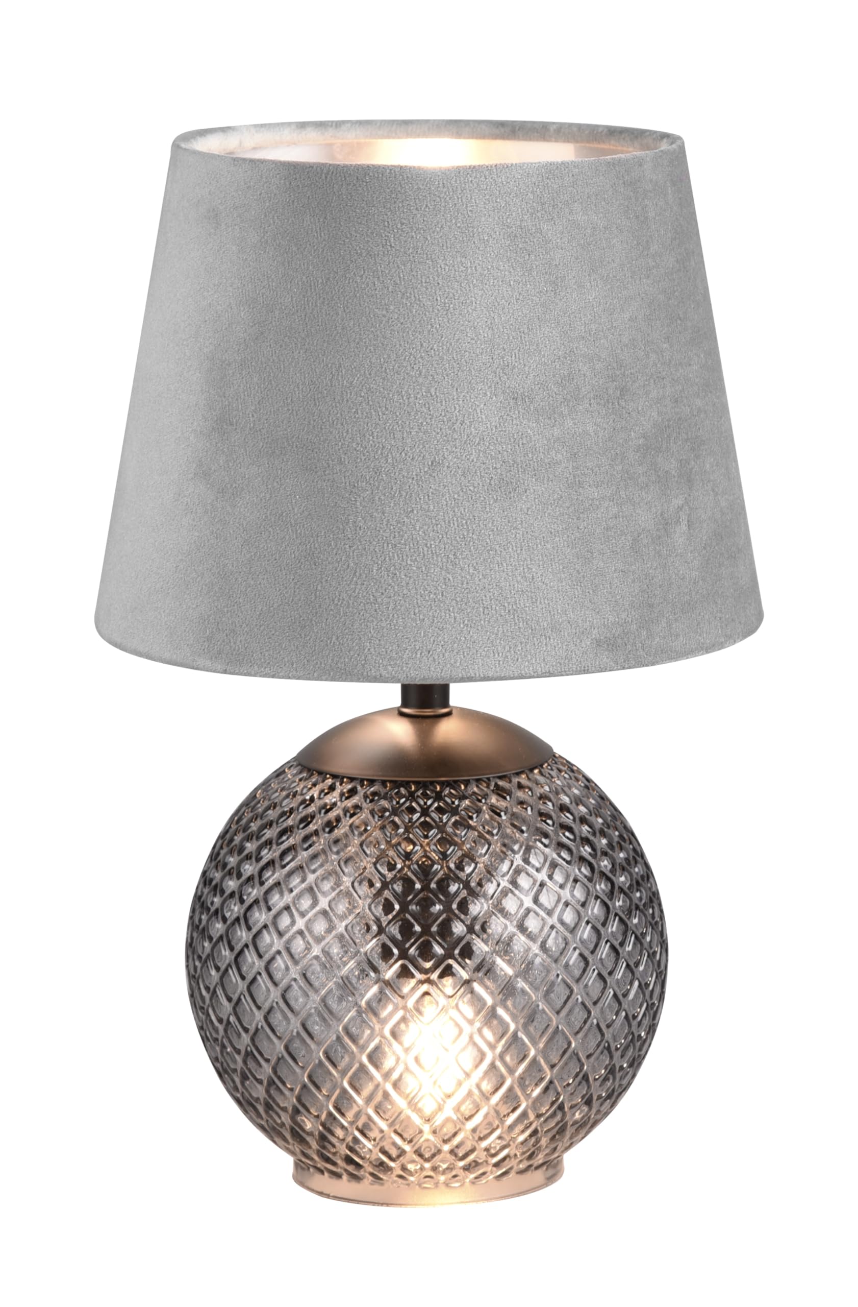 Reality Leuchten RL Lámpara de mesa Jonna R51242054, base de cristal ahumado, pantalla gris terciopelo/plateado, incl. 2x E14