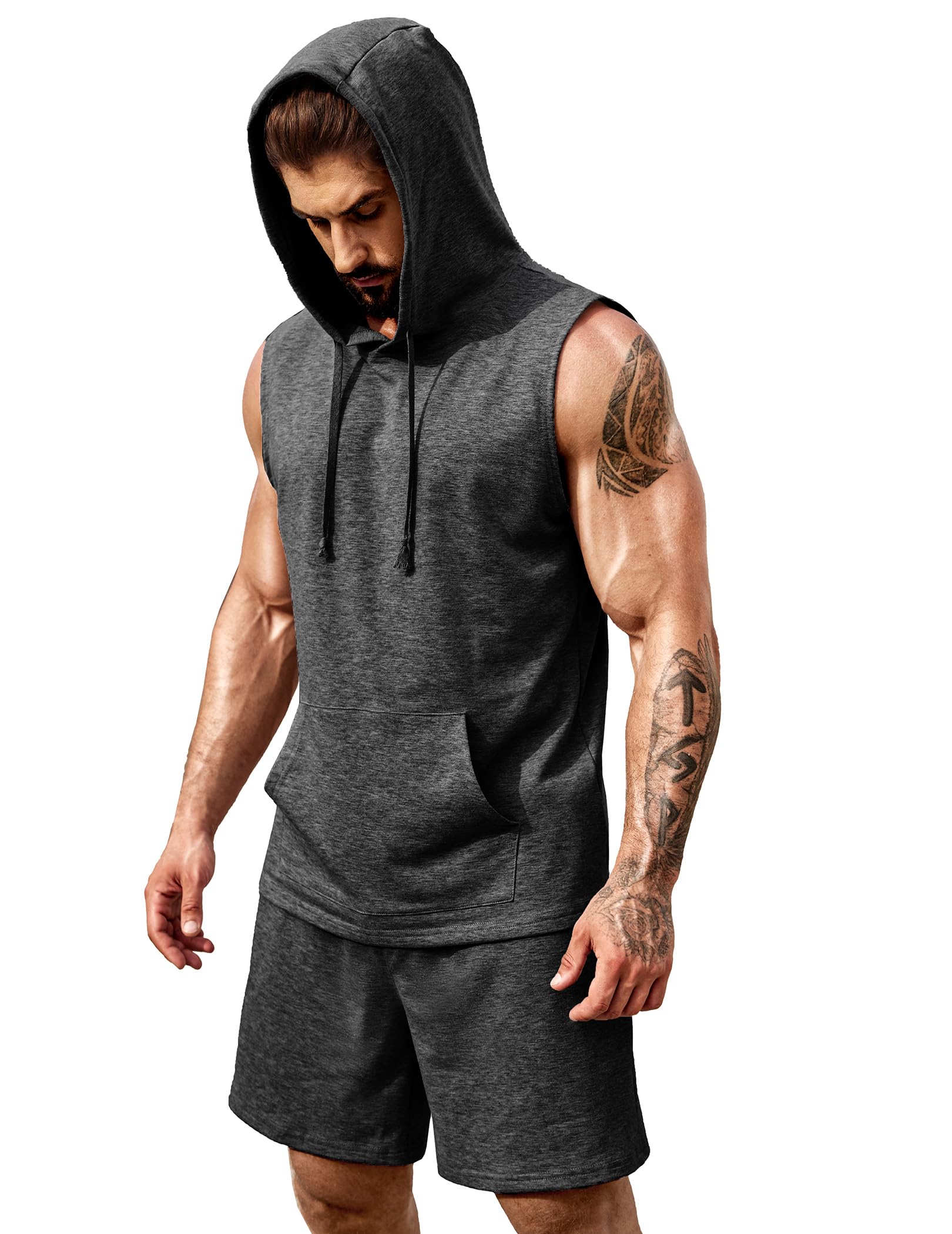 COOFANDY Ensemble de 2 débardeurs à capuche sans manches pour homme avec short de sport et sweat à capuche, gris foncé, XX-Large