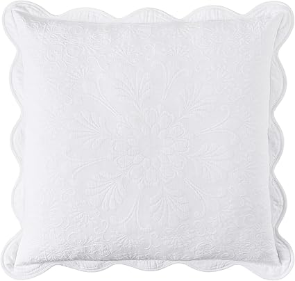 Charleston Estate Modern Farmhouse Floral Matelasse Decorative Pillowcase with Scalloped Edges, 100% Cotton Breathable Bedding, Euro Sham (26" x 26"), White Floral