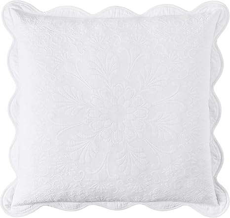 Charleston Estate Modern Farmhouse Floral Matelasse Decorative Pillowcase with Scalloped Edges, 100% Cotton Breathable Bedding, Euro Sham (26" x 26"), White Floral