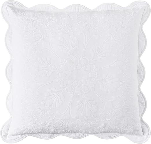 Charleston Estate Modern Farmhouse Floral Matelasse Decorative Pillowcase with Scalloped Edges, 100% Cotton Breathable Bedding, Euro Sham (26" x 26"), White Floral