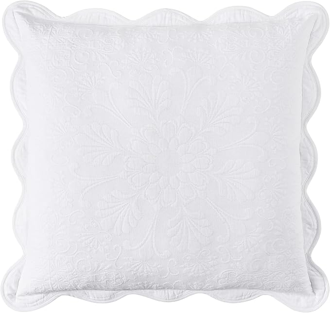 Charleston Estate Modern Farmhouse Floral Matelasse Decorative Pillowcase with Scalloped Edges, 100% Cotton Breathable Bedding, Euro Sham (26" x 26"), White Floral