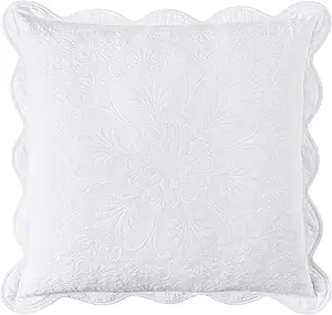 Charleston Estate Modern Farmhouse Floral Matelasse Decorative Pillowcase with Scalloped Edges, 100% Cotton Breathable Bedding, Euro Sham (26" x 26"), White Floral