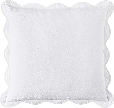Charleston Estate Modern Farmhouse Floral Matelasse Decorative Pillowcase with Scalloped Edges, 100% Cotton Breathable Bedding, Euro Sham (26" x 26"), White Floral