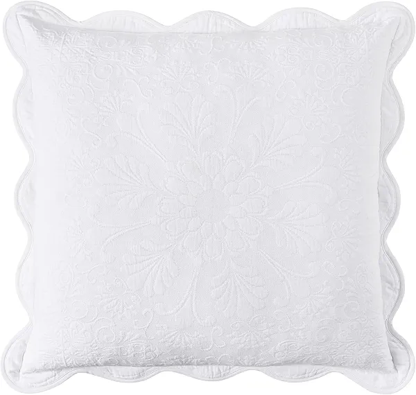 Historic Charleston Charleston Estate Modern Farmhouse Floral Matelasse Decorative Pillowcase with Scalloped Edges, 100% Cotton Breathable Bedding, Euro Sham (26" x 26"), White Floral