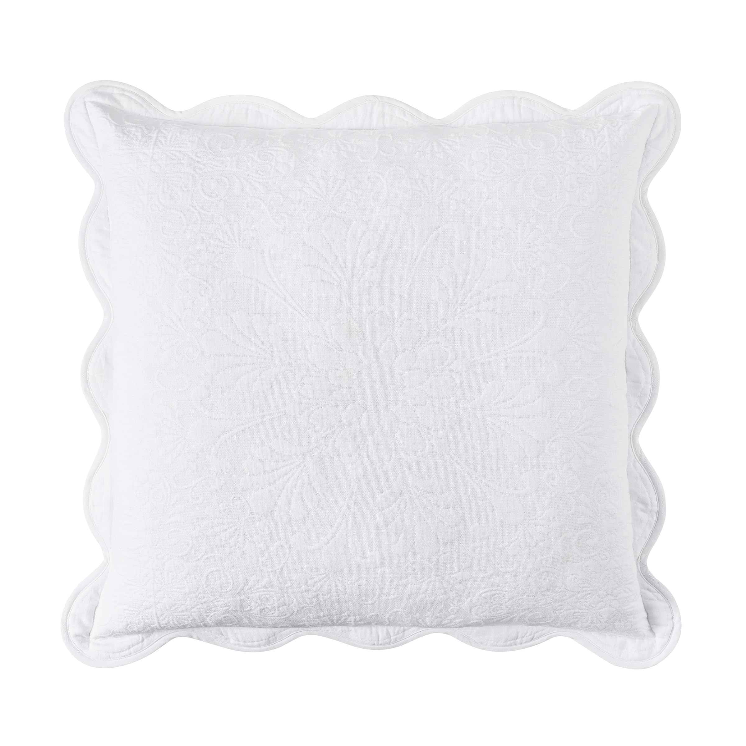 Historic Charleston Charleston Estate Modern Farmhouse Floral Matelasse Decorative Pillowcase with Scalloped Edges, 100% Cotton Breathable Bedding, Euro Sham (26" x 26"), White Floral