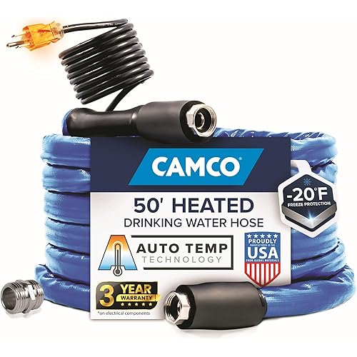 Camco 50' Heated Water Hose for RV — Prevents Freezing Down to -20° — Certified For Drinking Water & Lead-Free — Great for Campers, Livestock, Agriculture, Kennels, etc. — 5/8" ID (22912)