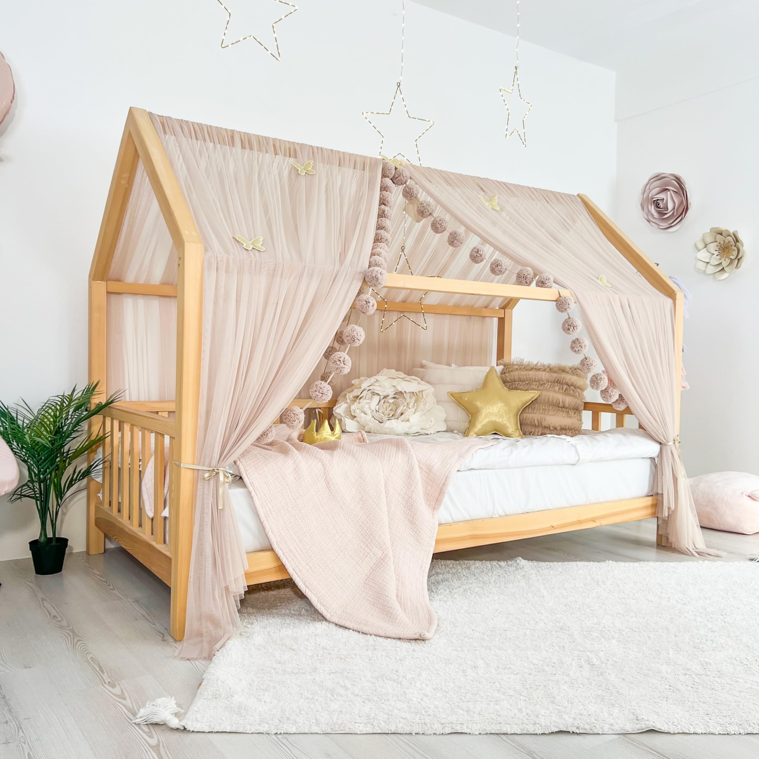 Toldo de cama estilo princesa para niñas, decoración de habitación de niños para camas Montessori, regalo de tul suave para niños pequeños (piedra rosa, 380 cm, juego de 2)