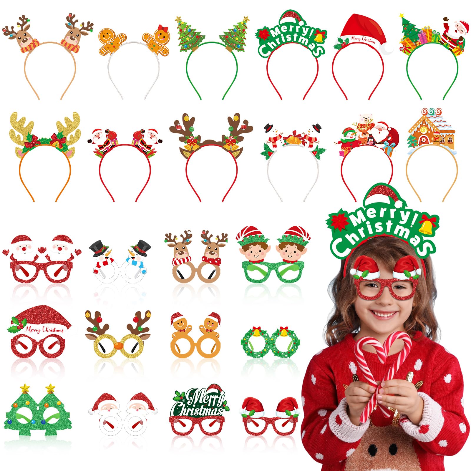 Cindeer 24 Pieces Christmas Party Favors Christmas Headbands and Glasses Frame Set Santa Snowman Christmas Costume Eyeglasses Xmas Head Boppers for Christmas Holiday Party Photo Booth Supplies Favors