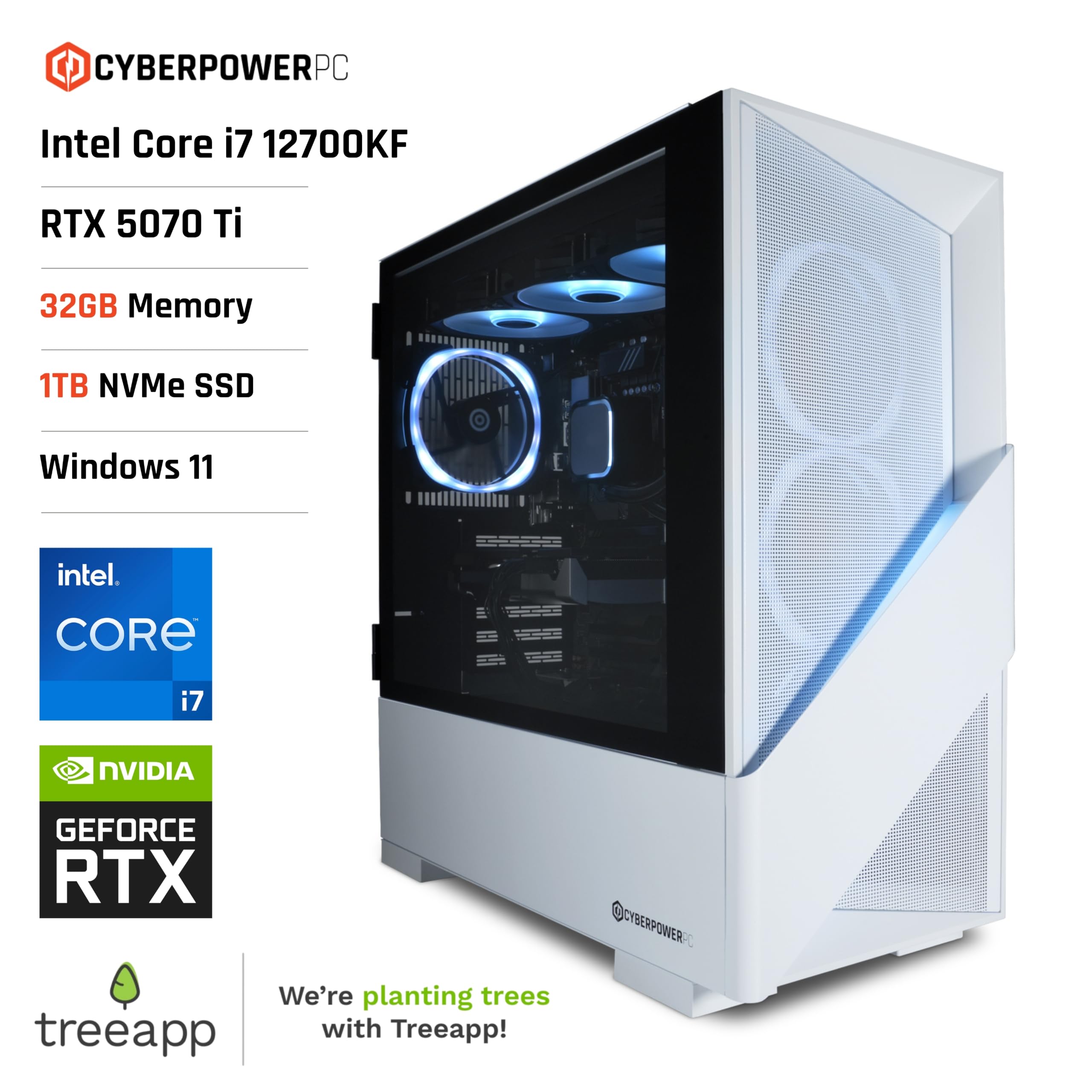 CyberPowerPC Luxe Gaming PC - Intel Core i7 12700KF, Nvidia RTX 5070 Ti, 32GB RAM, 1TB NVMe SSD, 750W PSU, Windows 11, Liquid Cooling, Amethyst 360M Airflow White