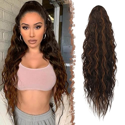 FESHFEN Extensiones de cola de caballo largas y onduladas con cordón, extensiones de cola de caballo con clip, extensiones de cola de caballo con
