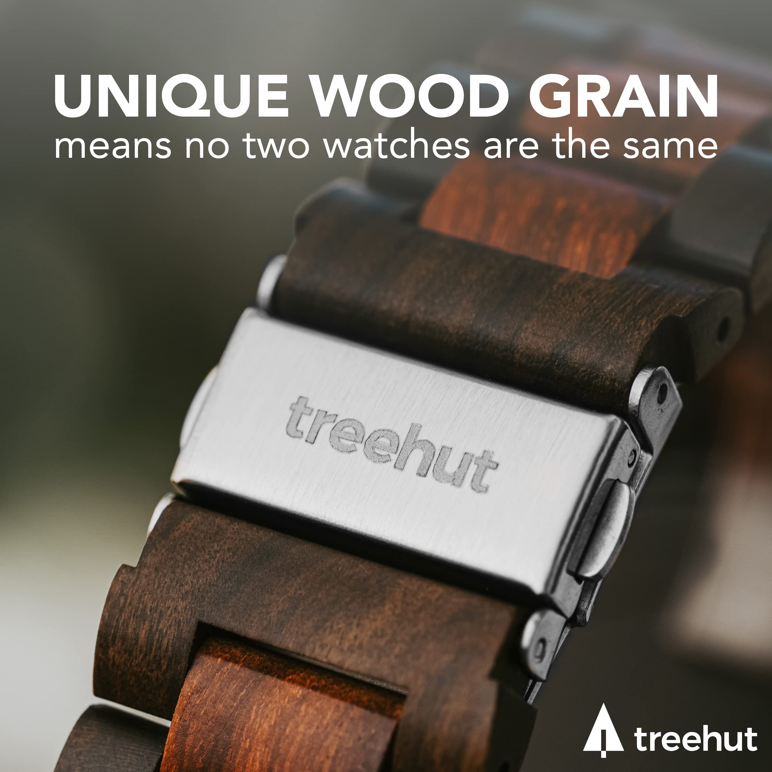 Treehut Wooden Watches for Men, Japanese Quartz Movement, Stylish Exotic Wrist Watch with Adjustable Stainless Steel Buckle, Wooden Straps, Watch Made from Ebony and Redwood, Relojes para Hombre