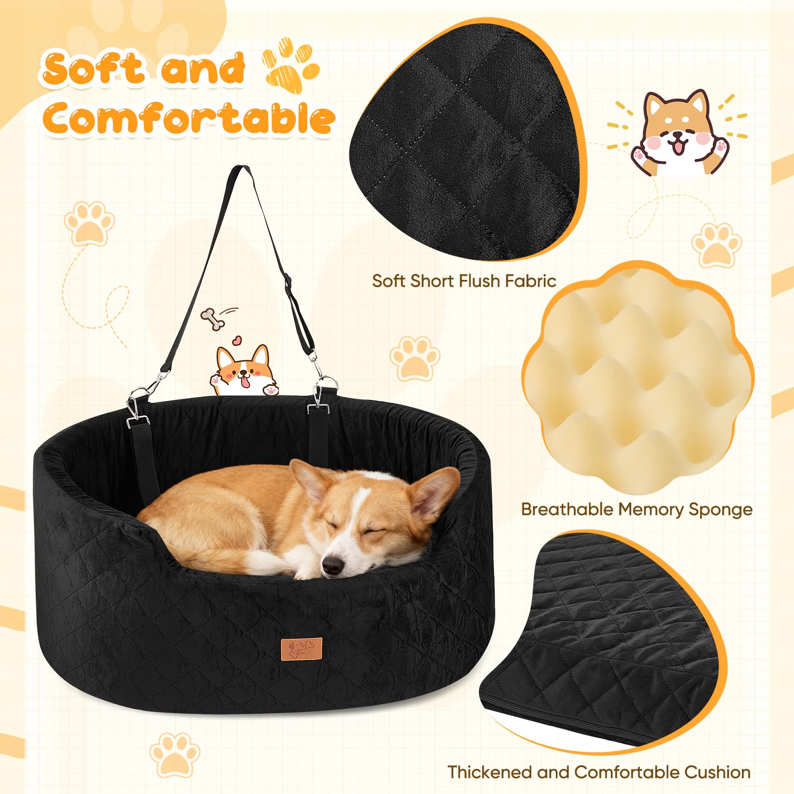 Asiento de Coche para Perros Medianos/Grandes, con Asiento Extraíble, Cuerda de Seguridad & Base Antideslizante y Funda Extraíble, Asiento de Coche para Perros (Redondos 78x52x36CM)