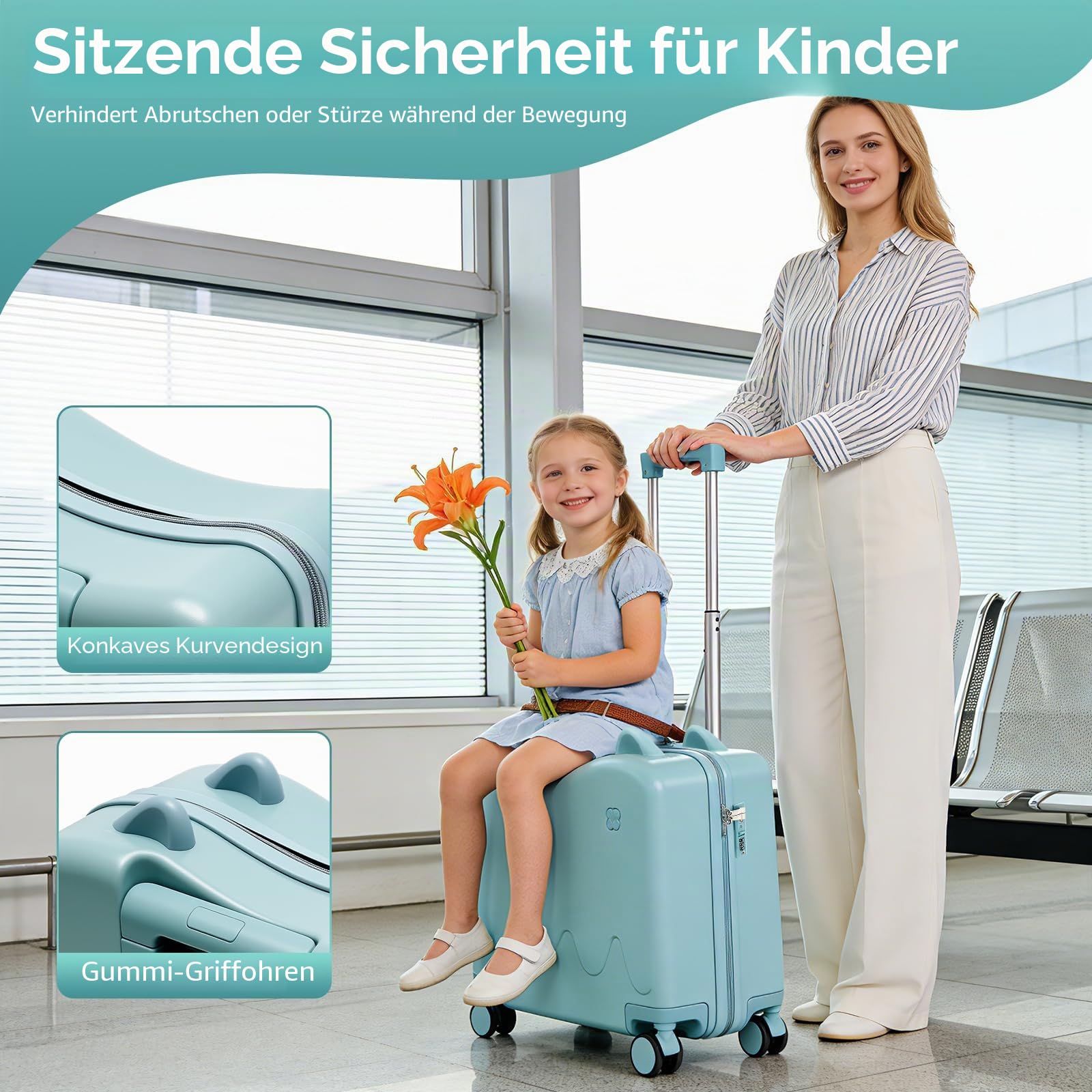 18 Zoll Kinderkoffer zum Draufsitzen, Kindertrolley Kindertrolley Kinder Reisekoffer mit Zugstange und Passwortschloss Rollkoffer Kinder Koffer für 3-6 Jahre Mädchen & Jungen 37L (Himmelblau)