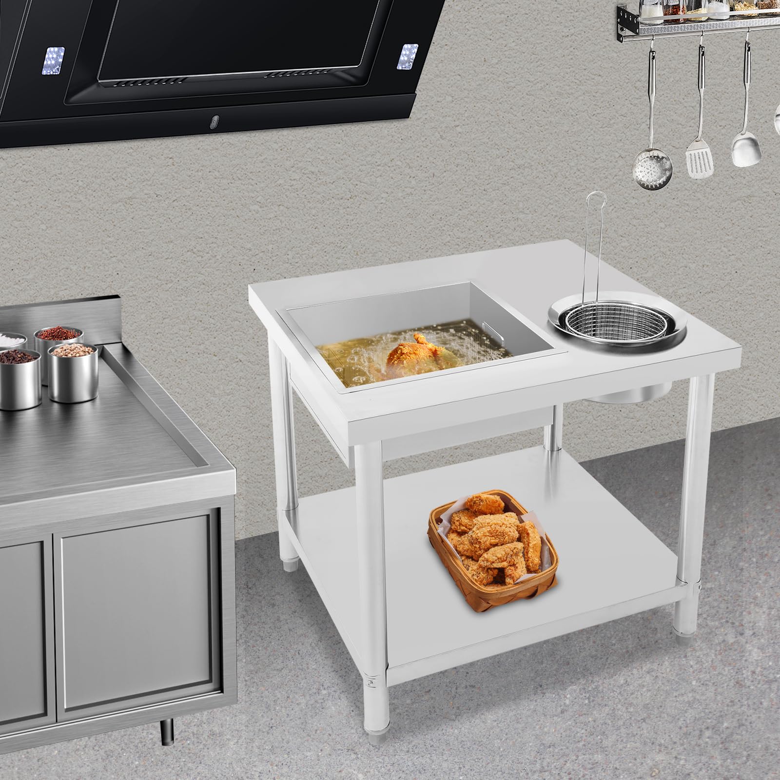 Tavolo di preparazione per pollo, in acciaio inox, struttura stabile, regolabile in altezza, tavolo di preparazione manuale con contenitori e cestini in acciaio inox, per fast food e ristorante