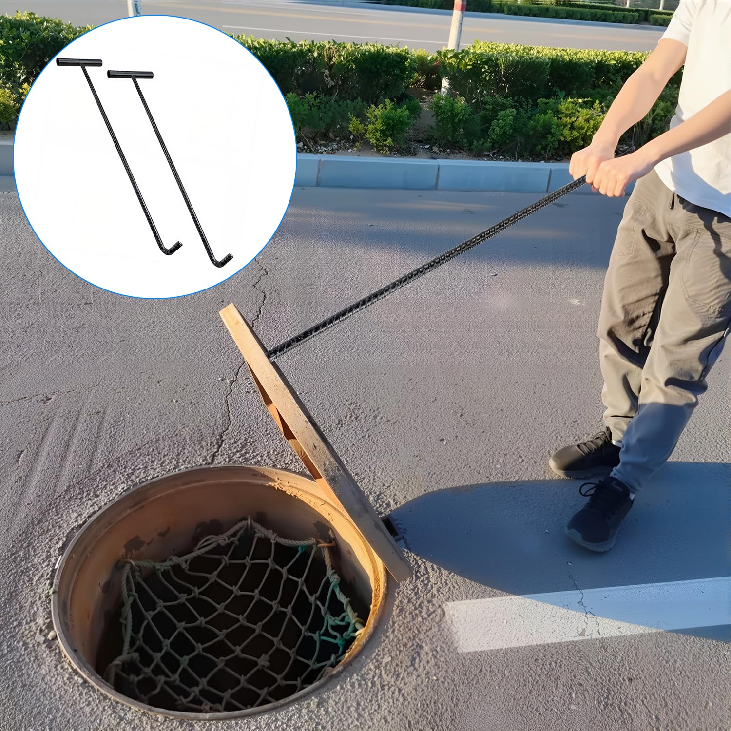 2 Stücke 42cm Kanaldeckelheber, Kanalhaken Schachthaken Gullihaken Schachtdeckelhaken Kanaldeckelheber Haken mit Gewinde für Kanaldeckel