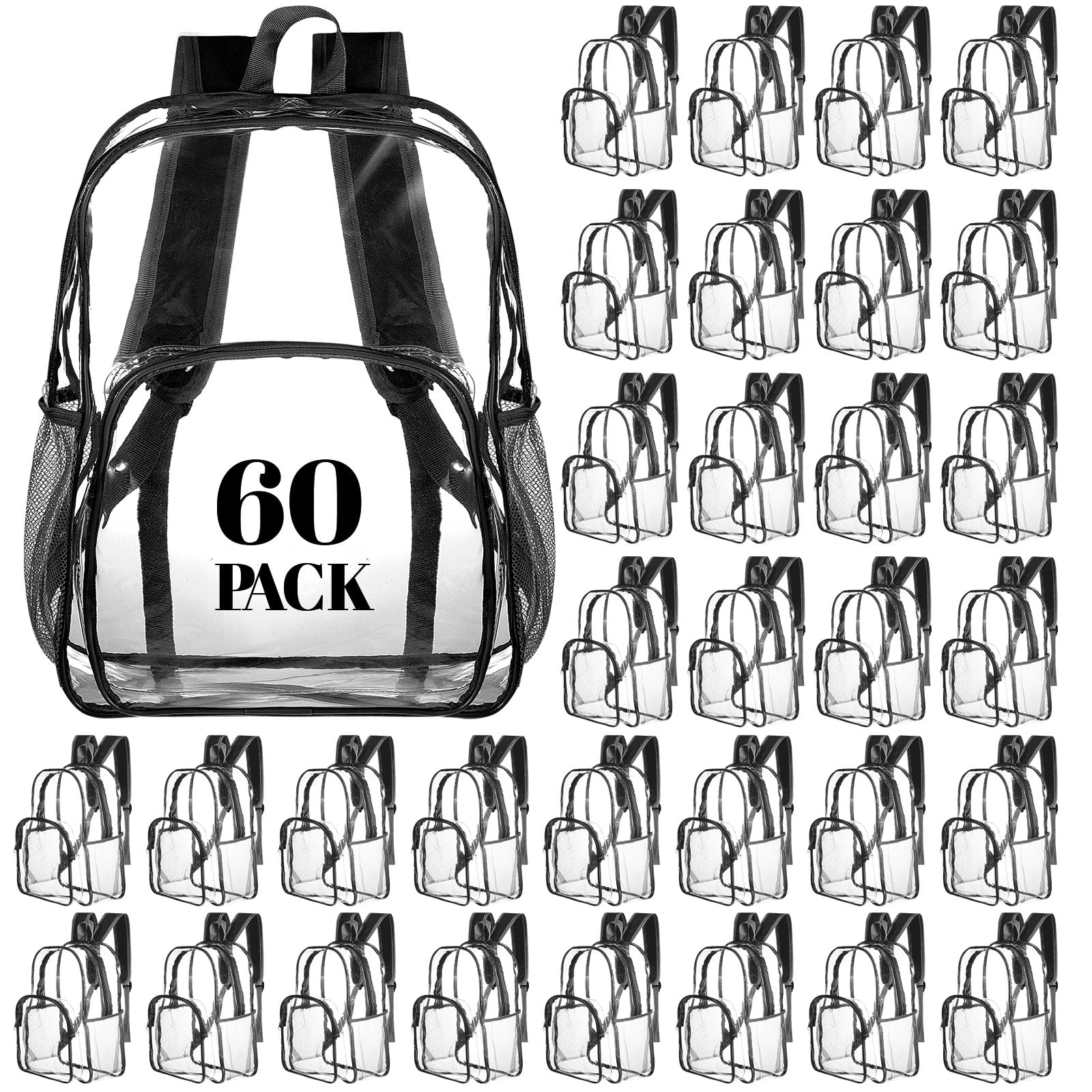 Amylove 60 Pcs Clear Backpack bulk for Stadium Events Heavy Duty PVC Transparent Bookbag for College Workplace Security (15 Inches,Black)