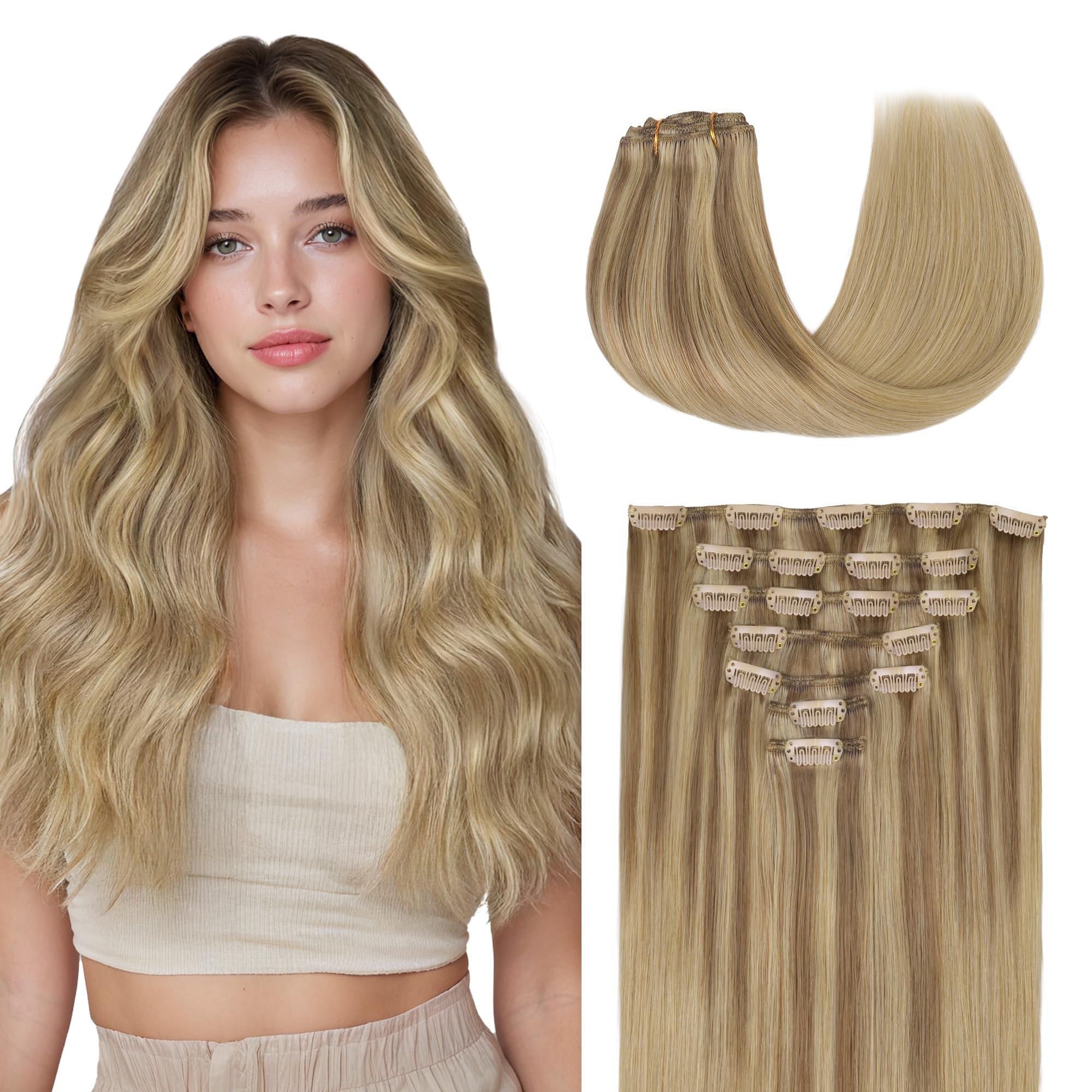 GOO GOO Clip in Hair Extensions Real Human Hair Blonde Remy Extensions 22 Inch-170g-7Pcs #12A/18H Ash Beige Blonde Blend