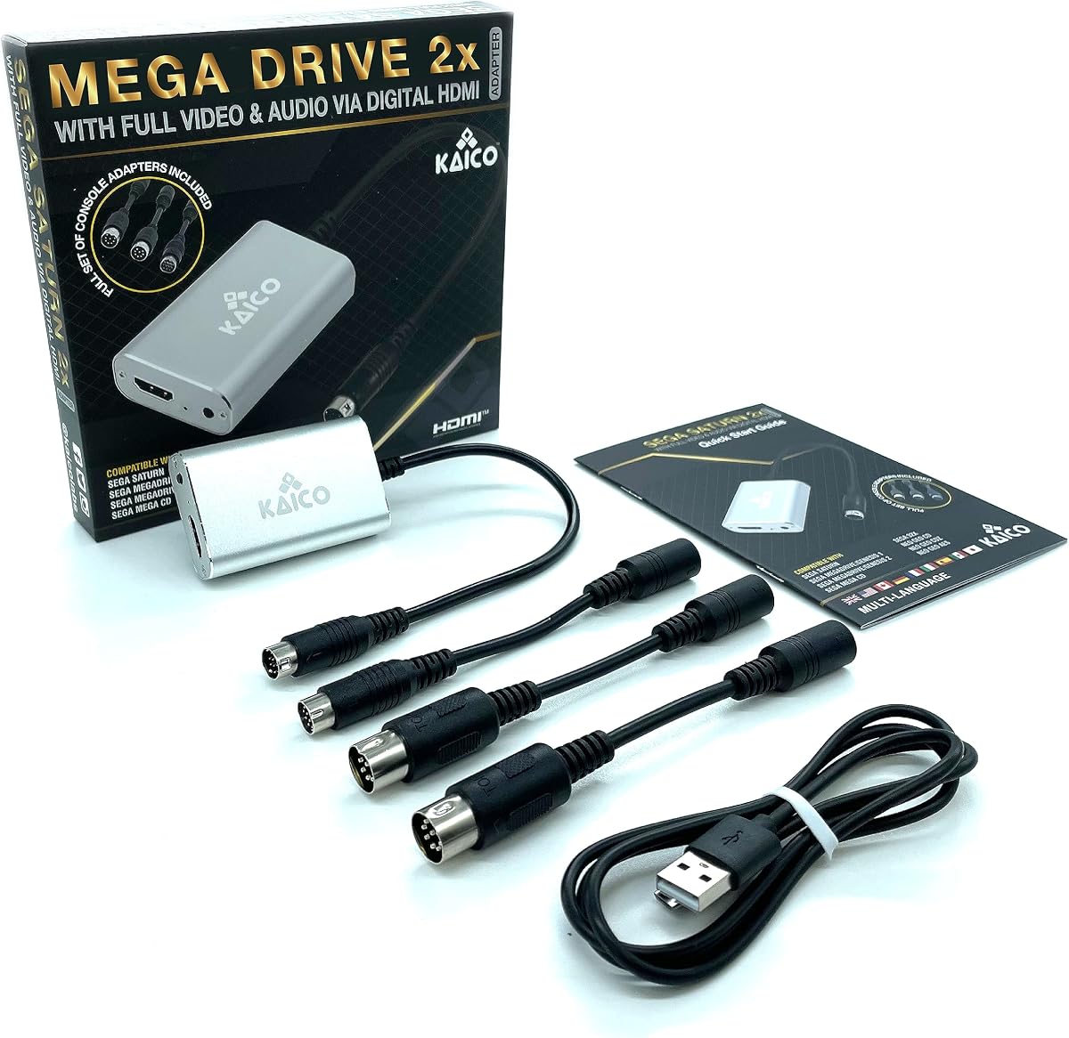 Kaico Mega Drive HDMI Adapter, 2X Line Doubler for Sega Saturn & Neo Geo | Supports RGBS and composite modes with 480p output, smoothing, pass-through, firmware updates, and Micro USB cable power