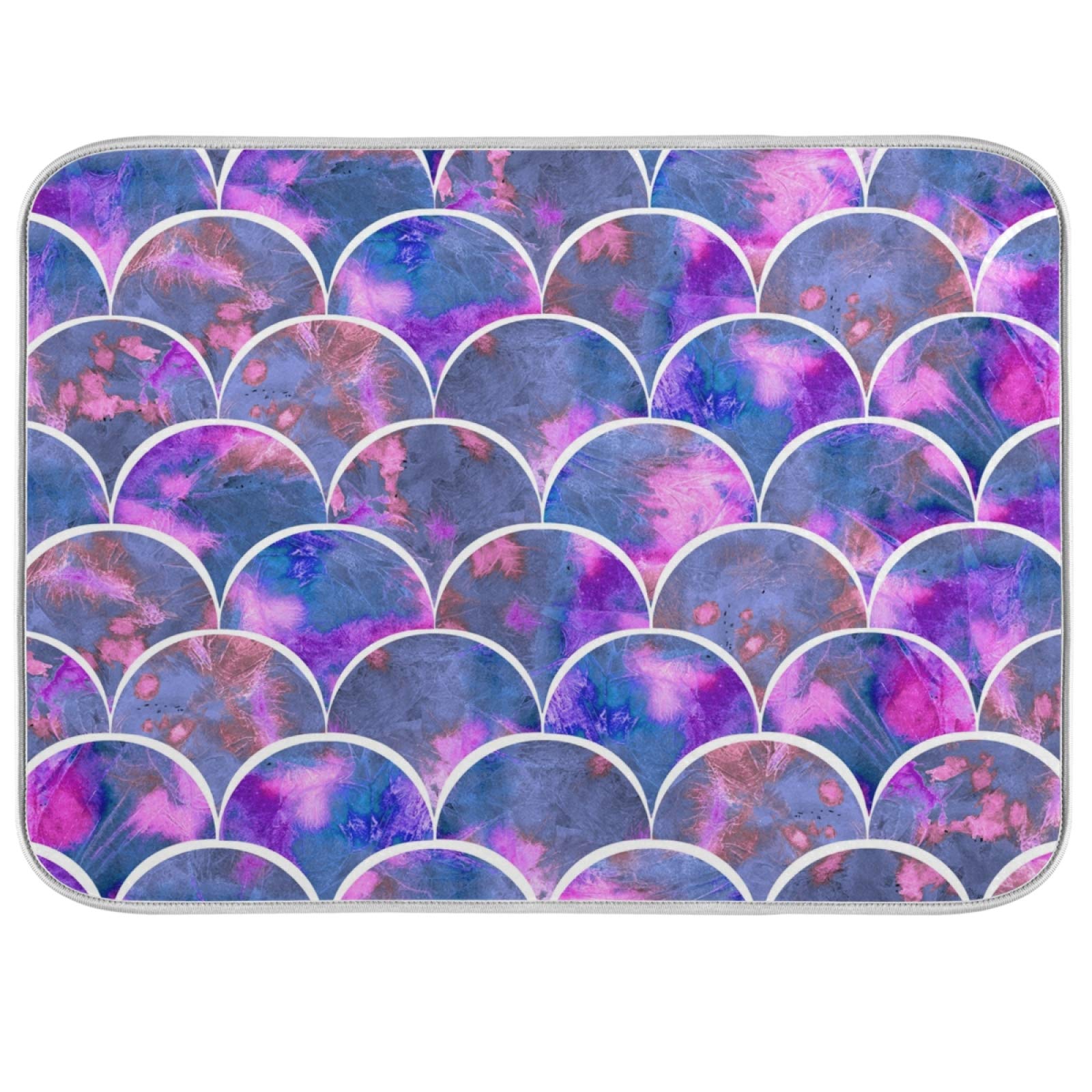 ZzWwR Purple Floral Mermaid Scale Absorbent Dish Drying Mat, 16 Inch x 18 Inch Microfiber Kitchen Countertop Table Protector Multi-Purpose Counter Rack Sink Drainer Pad