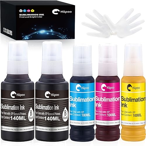 Hiipoo 580ML Sublimation Ink for EcoTank Supertank Inkjet Printer ET-2400 ET-2720 ET-2760 ET-2800 ET-2803 ET-2850 ET-3760 ET-4800 ET-15000 Heat Press Transfer on T-Shirt (Autofill/ICC-Free/Anti-UV) - 522 5p