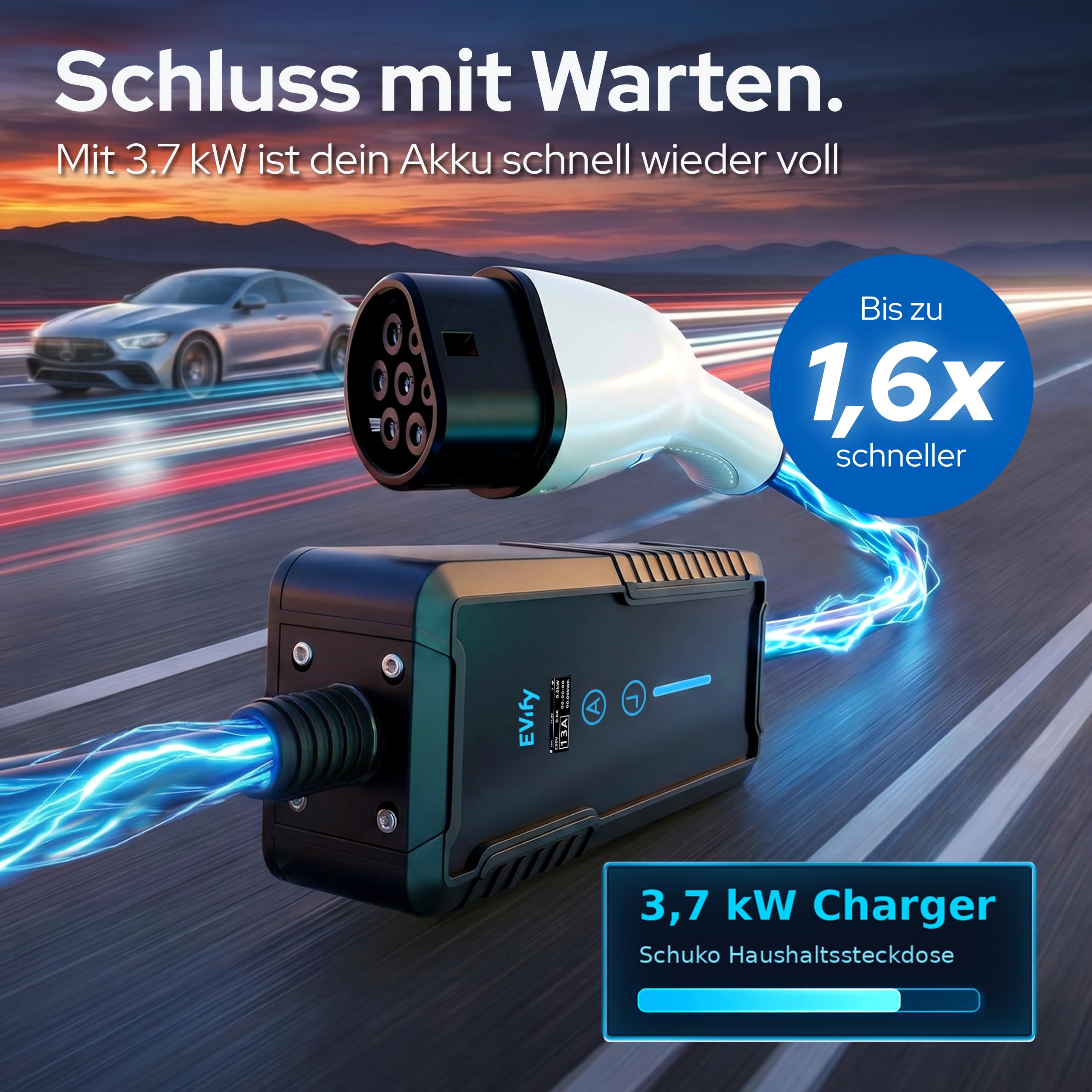 Ladekabel Typ 2 Schuko 3,7kW 7M 16A für Elektroauto & Hybrid inkl. Kabeltasche • Stromstärke/Ladeleistung einstellbar 6|8|10|13|16A, ideal für PV-Anlage • Typ 2 Ladekabel Schuko