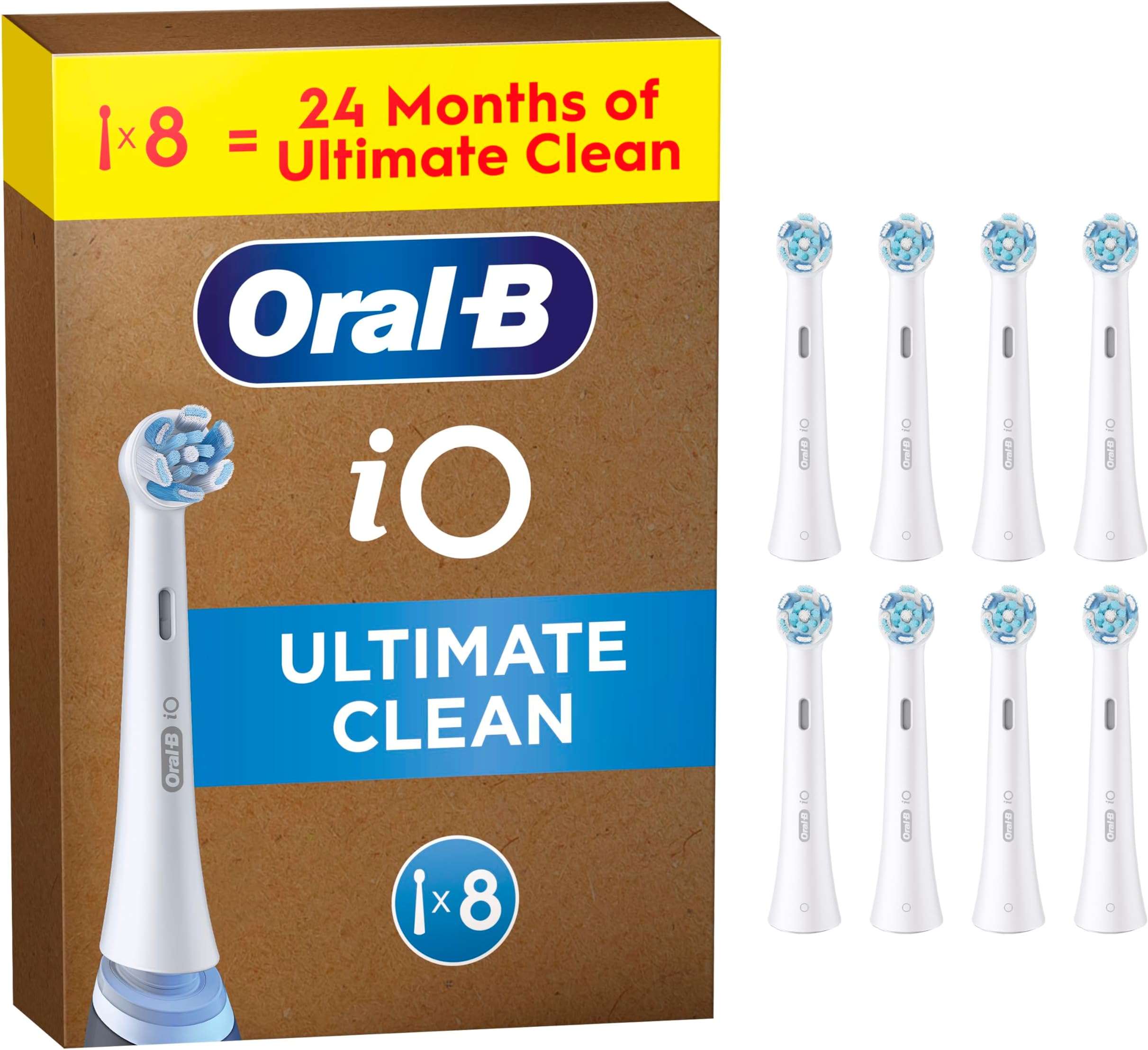 iO Ultimate Clean Original Electric Toothbrush Head - Pack of 8, Oral B Electric Toothbrush Heads, Twisted & Angled Bristles for Deeper Plaque Removal, Suitable for Mailbox, White