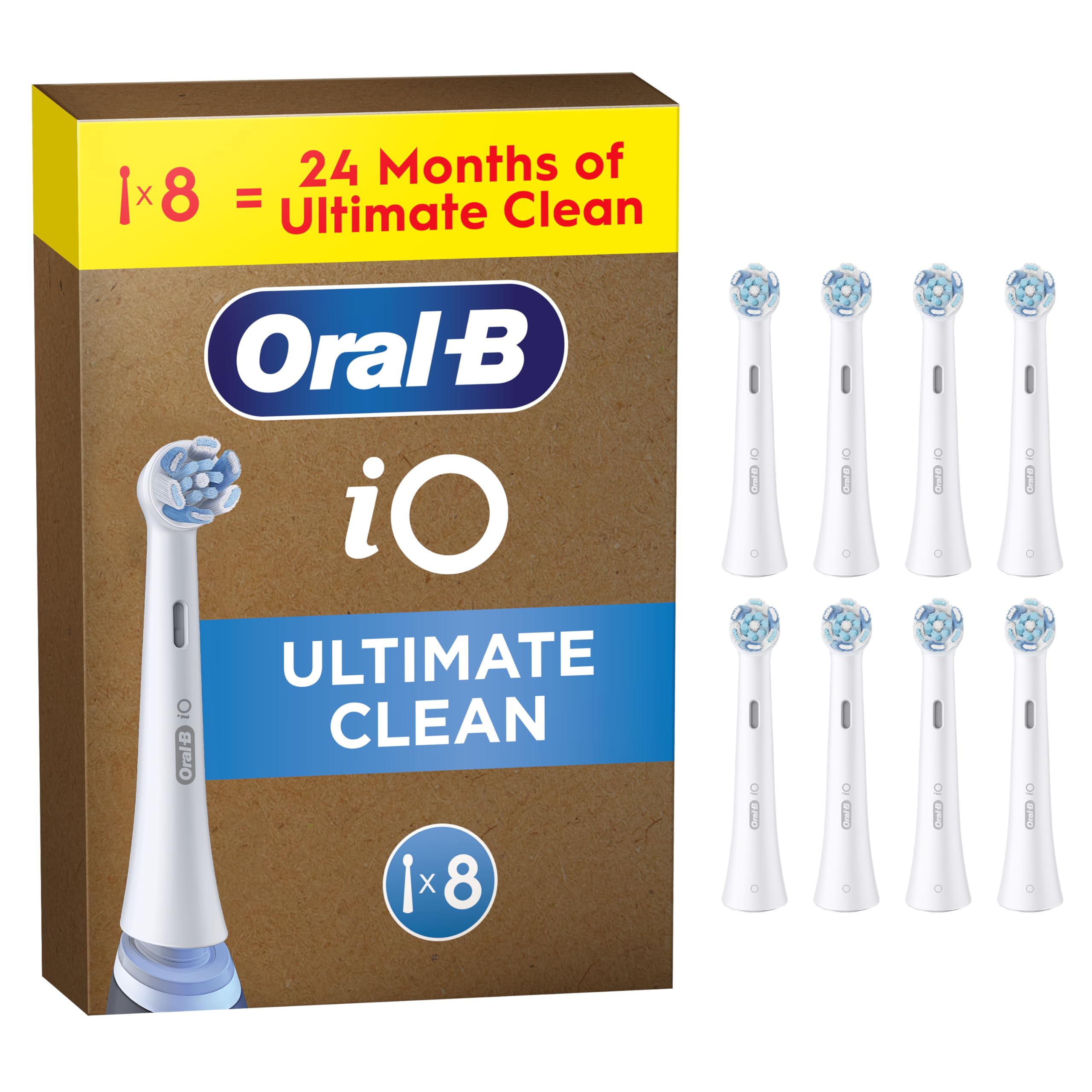 iO Ultimate Clean ORIGINAL Electric Toothbrush Head, Oral B Electric Toothbrush Heads, Twisted & Angled Bristles for Deeper Plaque Removal, Pack of 8, Suitable for Mailbox, White