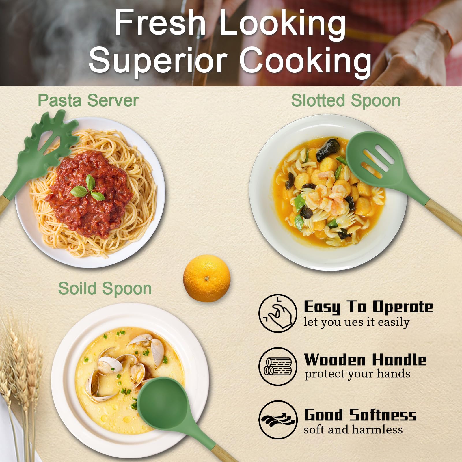 MYKUJA Silicone Cooking Utensils Set, Heat Resistant Kitchen Utensils Set, Spatula,Turner Tongs,Spoon,Brush,Whisk, Cooking Kitchen Utensils Spatula Set, Nonstick Cookware?sage green?