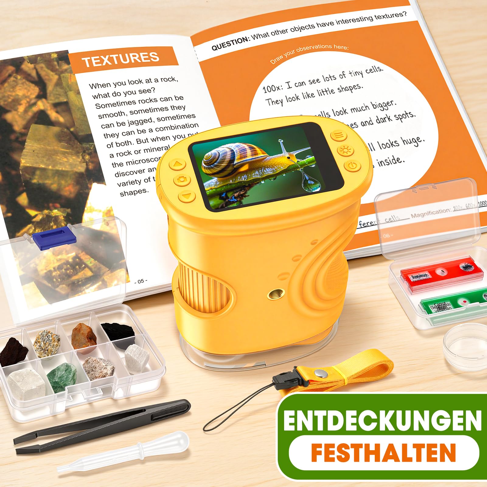 Digitales Mikroskop für Kinder mit 1000-facher Vergrößerung – Taschenmikroskop mit Objektträgern, Foto- und Videoaufnahme, für Garten, Wald und Experimente, Geschenk Spielzeug ab 3-12 Jahre Jungen