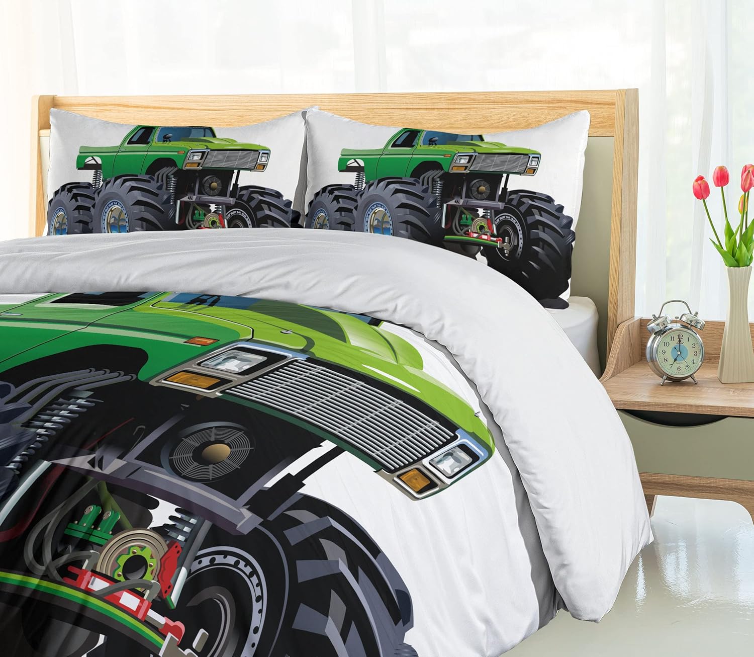 Ambesonne Cars Duvet Cover Set, Giant Monster Pickup Truck Large Tires and Suspension Extreme Biggest Wheel Print, Decorative 3 Piece Bedding Set with 2 Pillow Shams, Queen Size, Green Grey Queen Green Grey