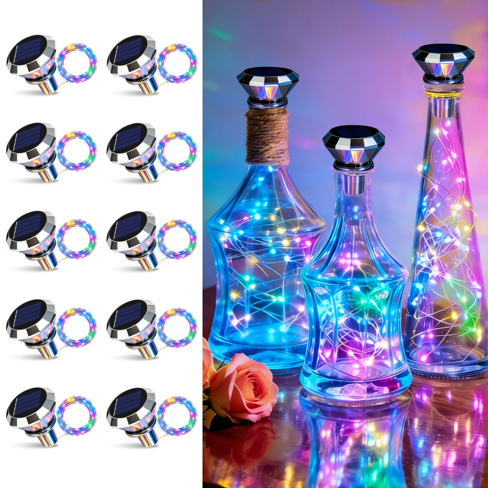 Photo 1 of ANGMLN Solar Diamond Shaped Wine Bottle Cork Lights 10 Pack 20LED Solar String Fairy Lights Outdoor Waterproof for Wedding Holiday Garden Patio Pathway Bar Concert Outdoor Decorative (Multicolor)