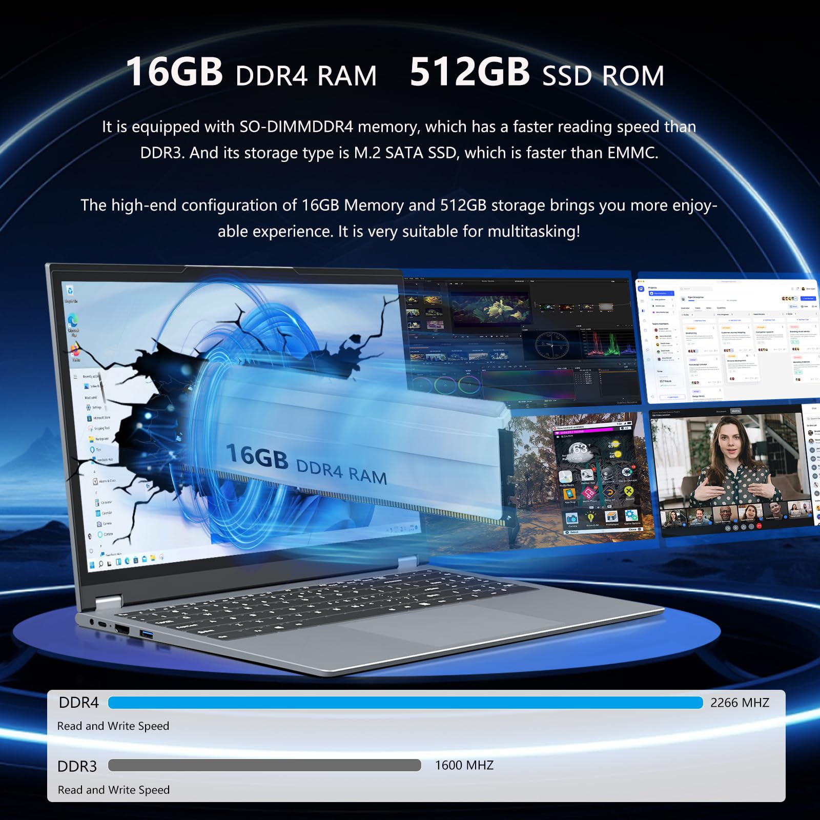 Ekonavi PC Portatile 2 in 1, Ryzen 3 3200U CPU 16 GB RAM 512 GB SSD, Notebook da 15,6 pollici con display 1920x1080, Win11 Pro Laptop, con RJ45, Type-C, USB 3.0 laptop ultra sottile e leggero