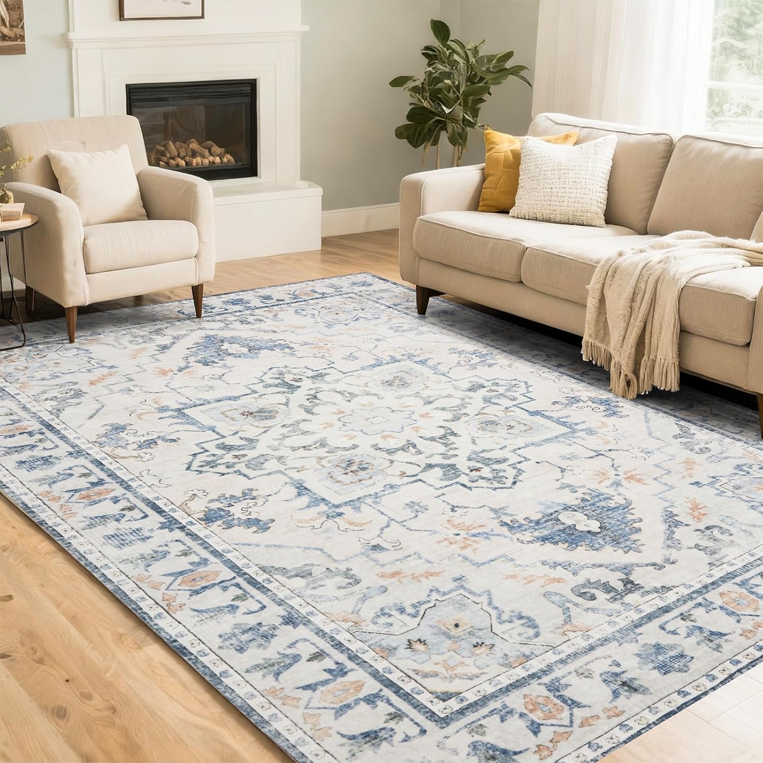 EROMMY Area Rugs 6'x9' Machine Washable Area Rugs for Living Room,Ultra Soft Low Pile Faux Wool Carpets with Non-Slip Backing & Vintage Design,Stain Resistant Indoor Rug for Bedroom,Dining Room,Home 6' x 9' (Rectangular)