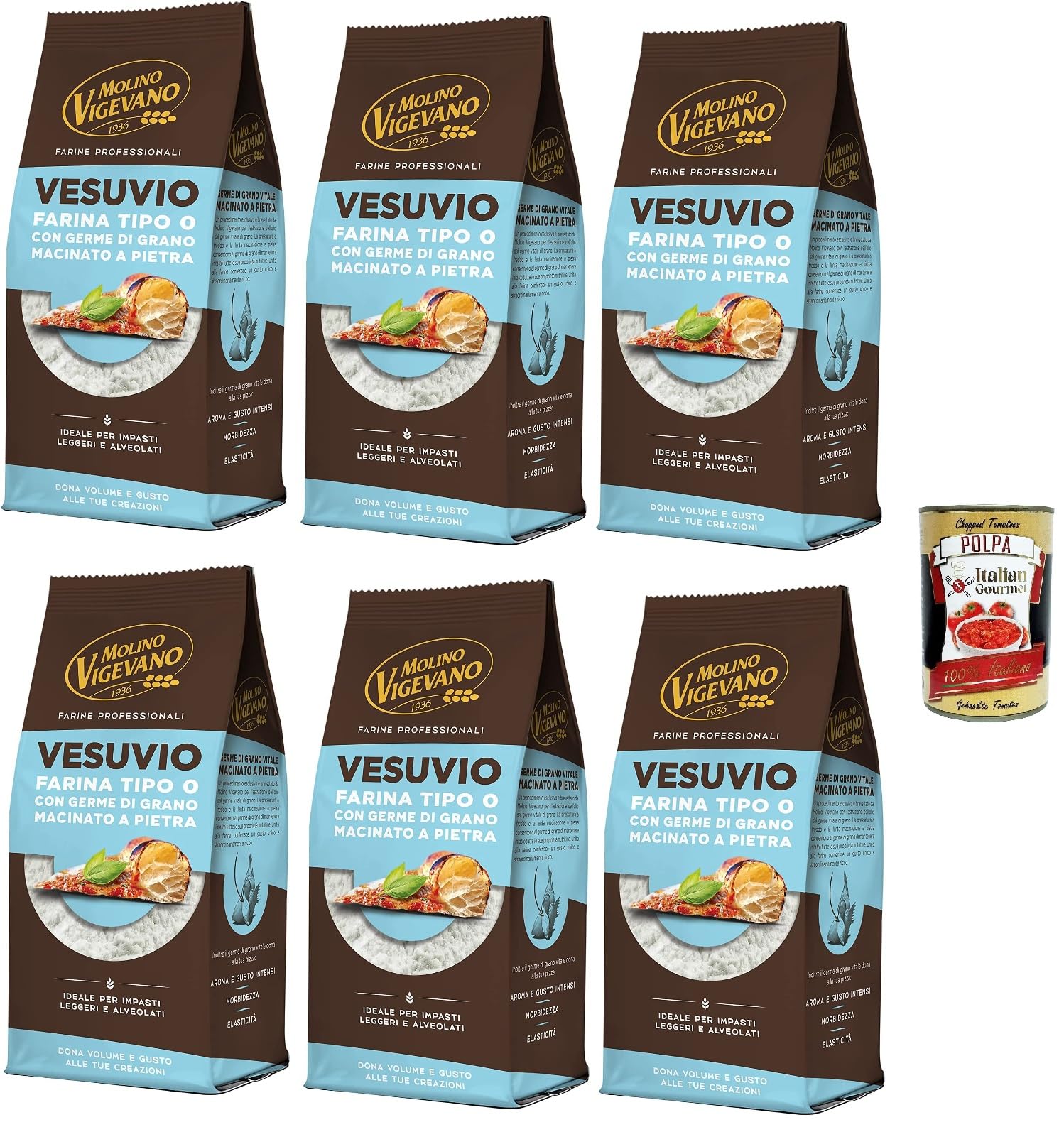 Italian Gourmet Bundle Tipo-0-Pizzamehl Vesuvio 6x 500g + Italian Gourmet Polpa Gratis – Italienisches Steinmühlen-Mehl mit Weizenkeim, für Pizza, Focaccia, Brot & luftige Teige 3kg