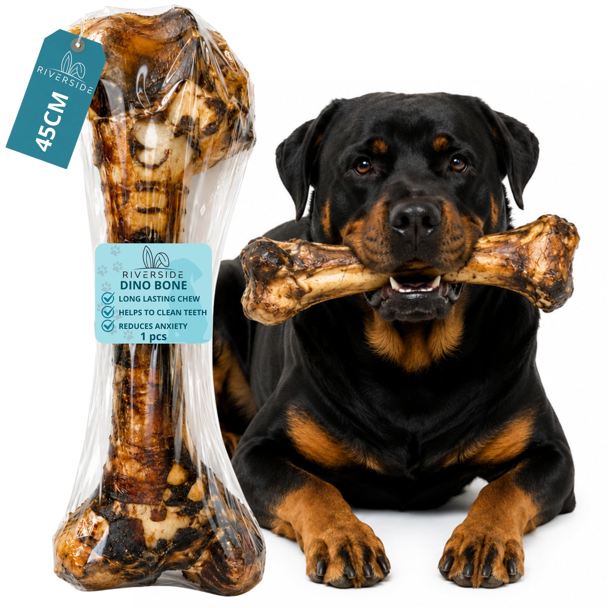 Riverside Dino Bone Beef Chew 45CM – Natural Dog Treats For Large dogs, long lasting dog chew with Natural Marrow For Dental Health, Mental Stimulation And Plaque Reduction
