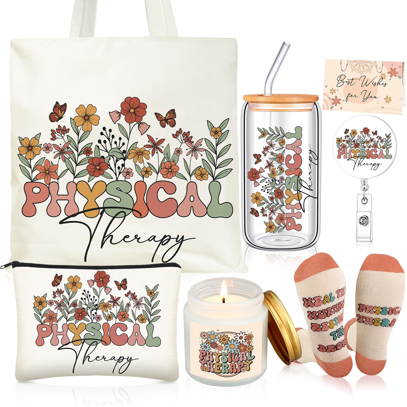 Funnymoom 6 Pcs Physical Therapy Gifts for Women PT Appreciation Gifts Set with 17 oz Glass Cup Canvas Tote Bag for Physical Therapist Assistant Student Doctor Nurse Staff
