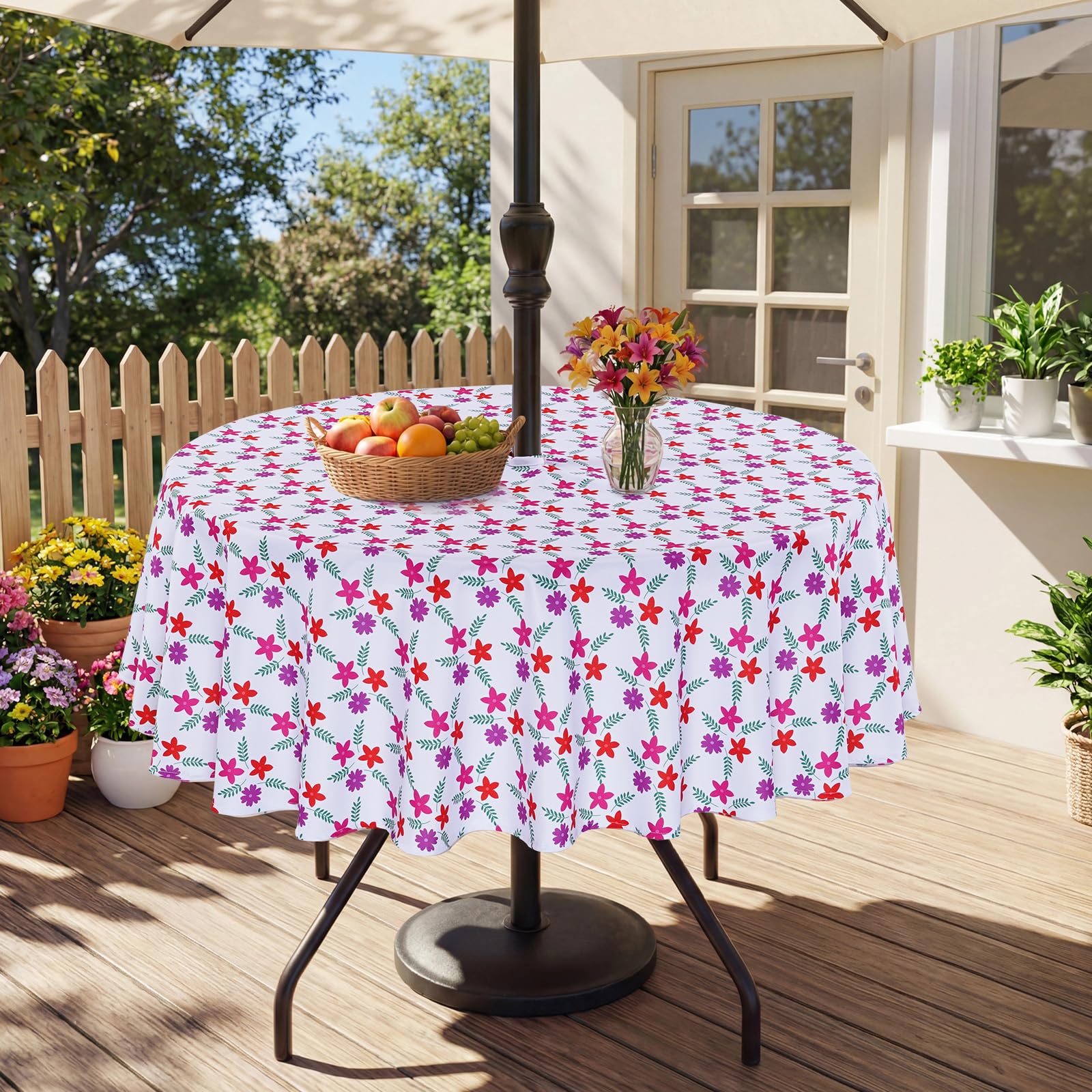 Eternal Beauty 70" Round Tablecloth Waterproof Outdoor Tablecloth with Umbrella Hole Zipper for Spring Summer Patio Picnic Tables (Red-Purple Flower, 70" Round)