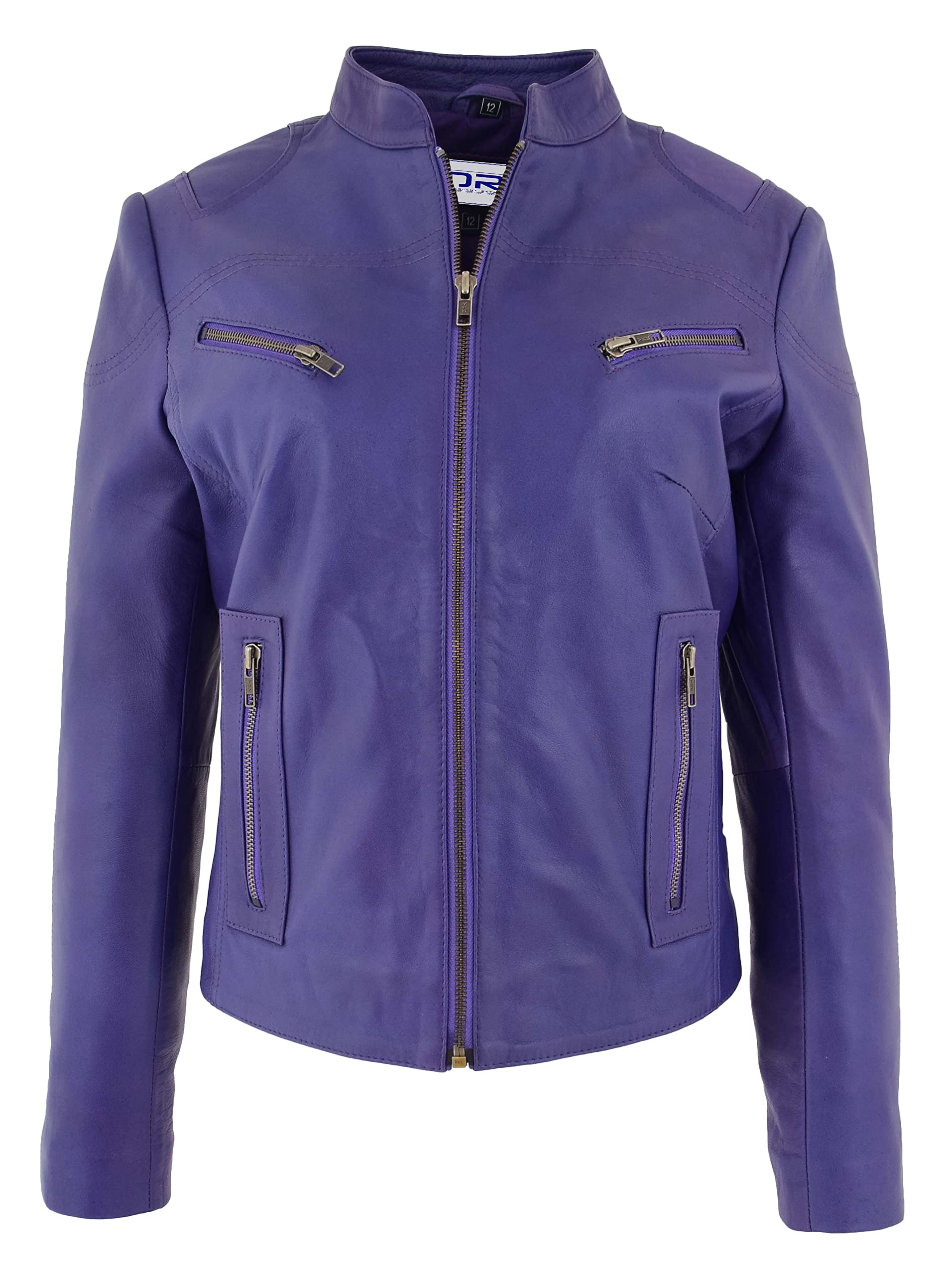 DR200 - Giacca classica da donna, in pelle, colore: Viola