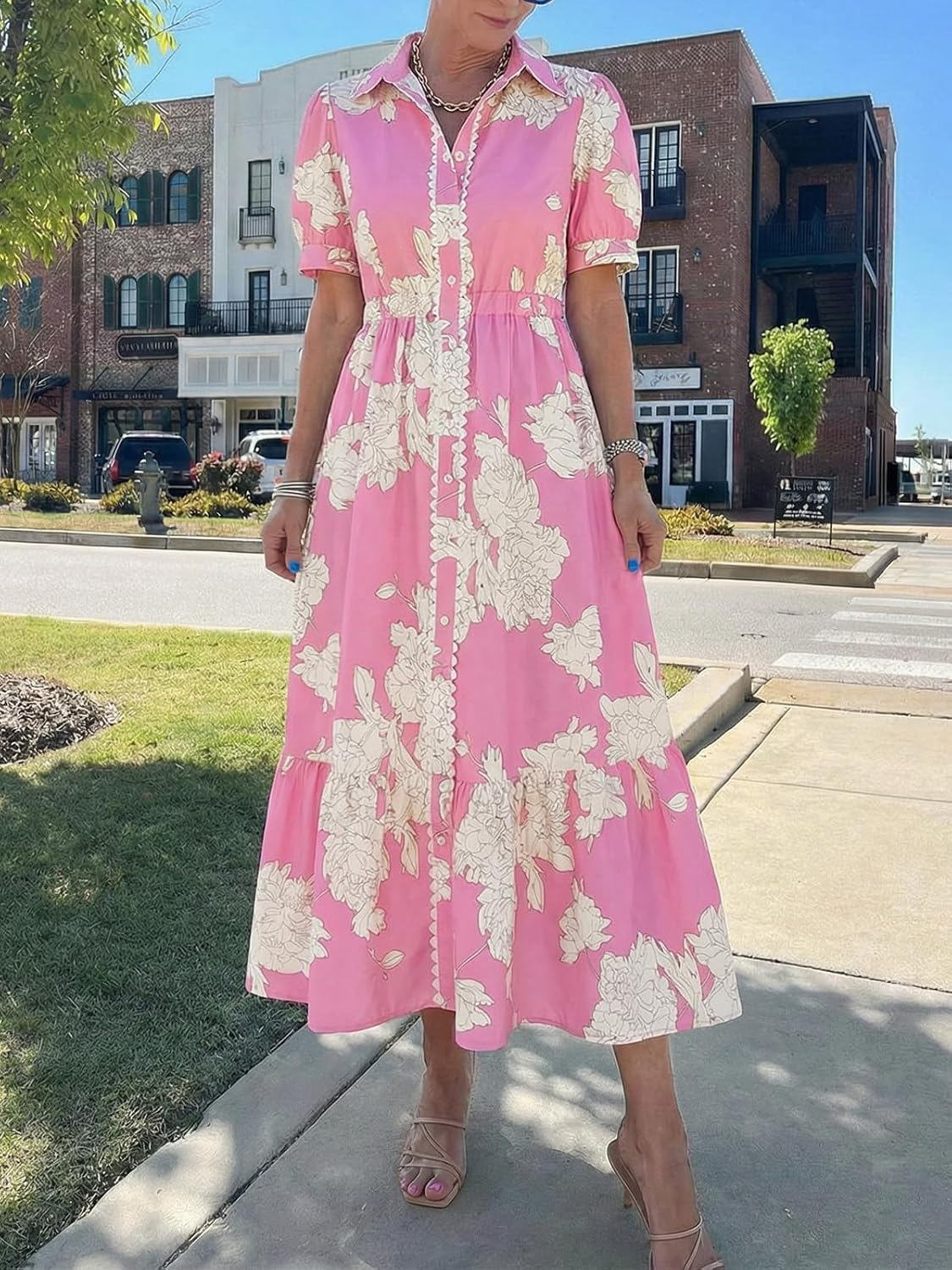 Wenrine Womens Casual Shirt Dress Floral Collared Short Sleeve Button Down Drawstring Waist Loose Summer Maxi Dresses - Image 3