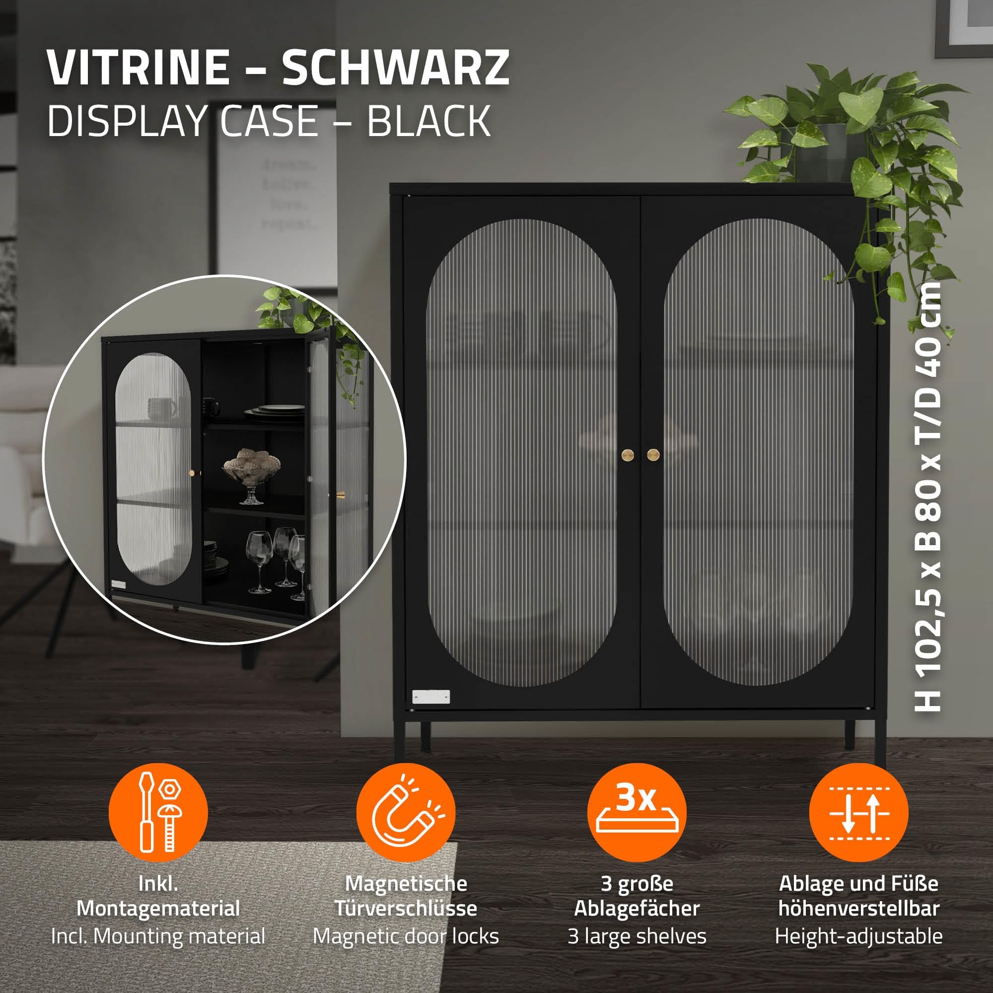 ML-Design Vetrina 80x102,5x40 cm Nero con 3 Ripiani e 2 Ante Mobile da Soggiorno in Metallo Vetrinetta in Acciaio Stile Industriale Cassettiera Libreria Schedario da Terra Credenza
