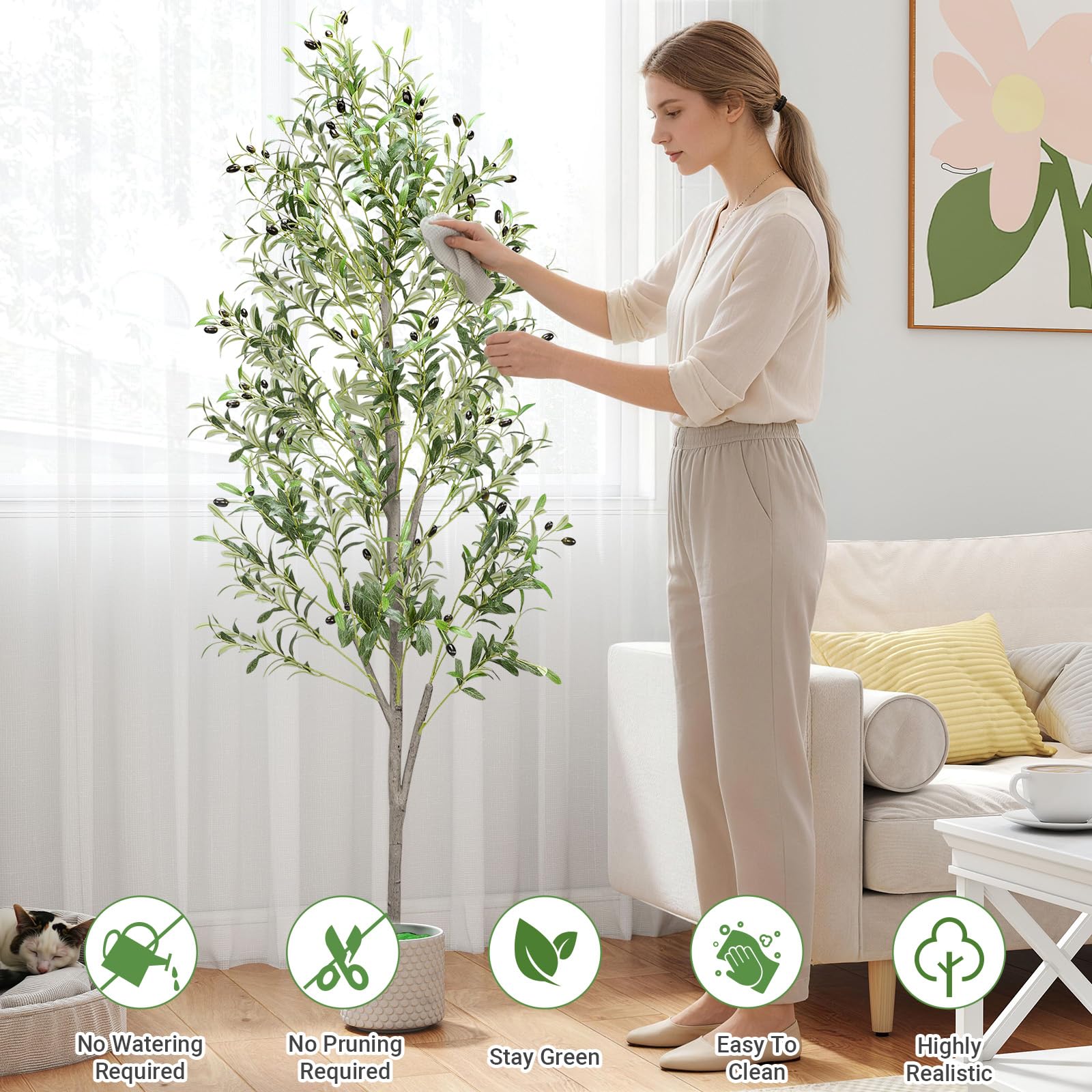 Alyvisun 180cm Olivenbaum Künstlich Groß, Künstlicher Olivenbaum mit Naturgetreuen Olivenzweigen, Zementgewicht Sowie Verstärktem Bodenfuß für Dekoration von Wohnzimmer Schlafzimmer & Büro