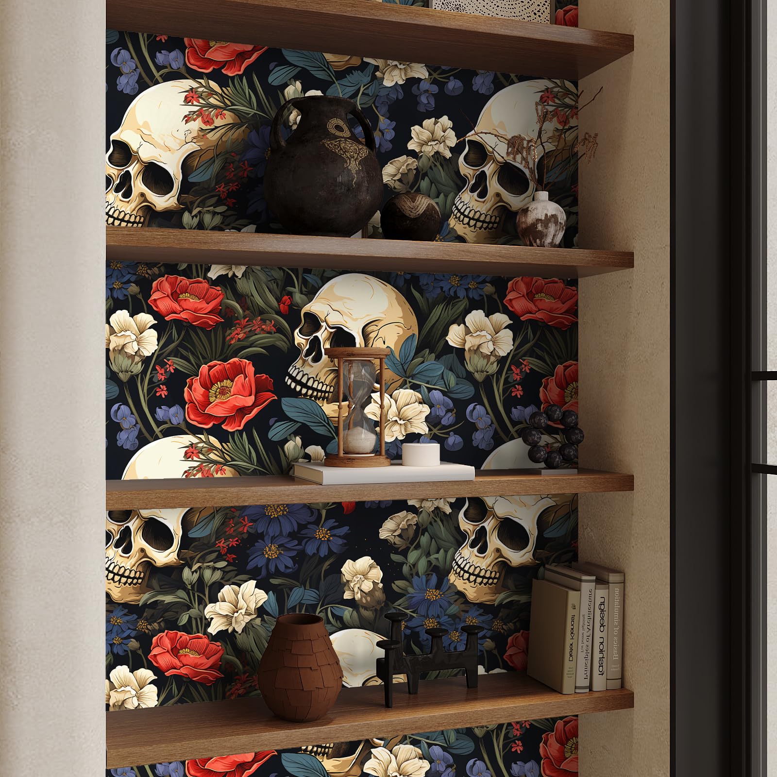VEELIKE Witchy Skull Wallpaper Stick and Peel Blue Black Floral Wallpaper Modern Gothic Wall Paper 44.5cmx300cm Dark Patterned Contact Paper for Bathroom Bedroom Removable Botanical Wall Mural - Image 2