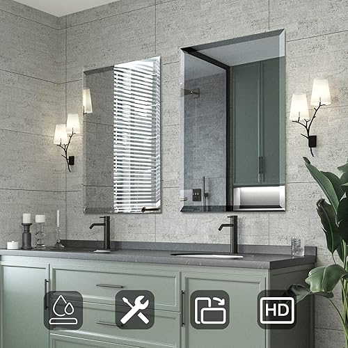 Miniatura 2 de Mirrorons Espejo biselado, espejo rectangular sin marco de 24 x 36 pulgadas para tocador de baño con borde biselado, se cuelga horizontal o