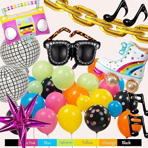 Miniatura 5 de Decoraciones de fiesta temática de discoteca de los años 90 y 80, kit de arco de globos con bola de disco retro, gafas de radio, patinaje sobre