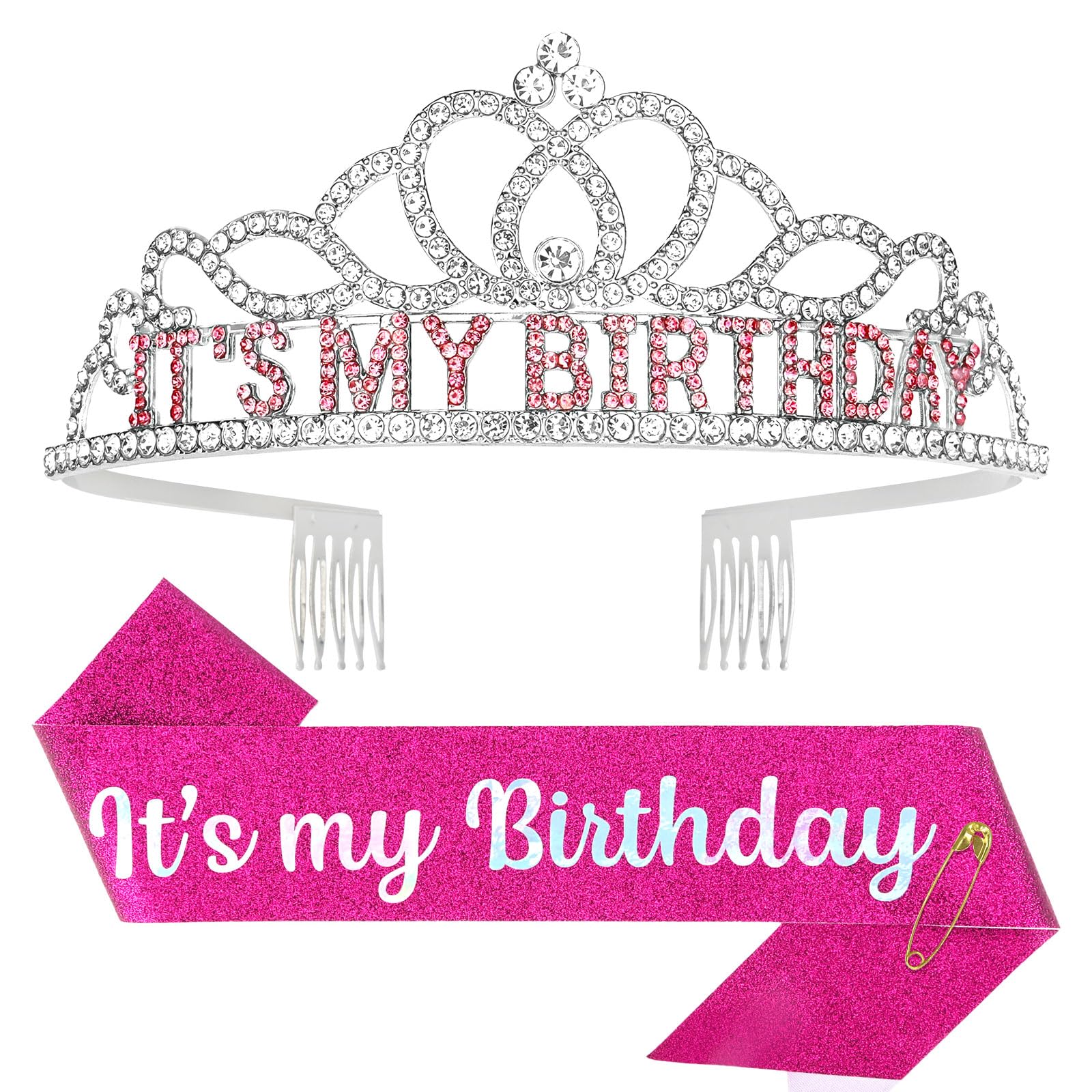 Araluky Hot Pink Birthday Crown - Adult & Party Sash for Girls - Pink Tiara for Women - Parties & Decorations