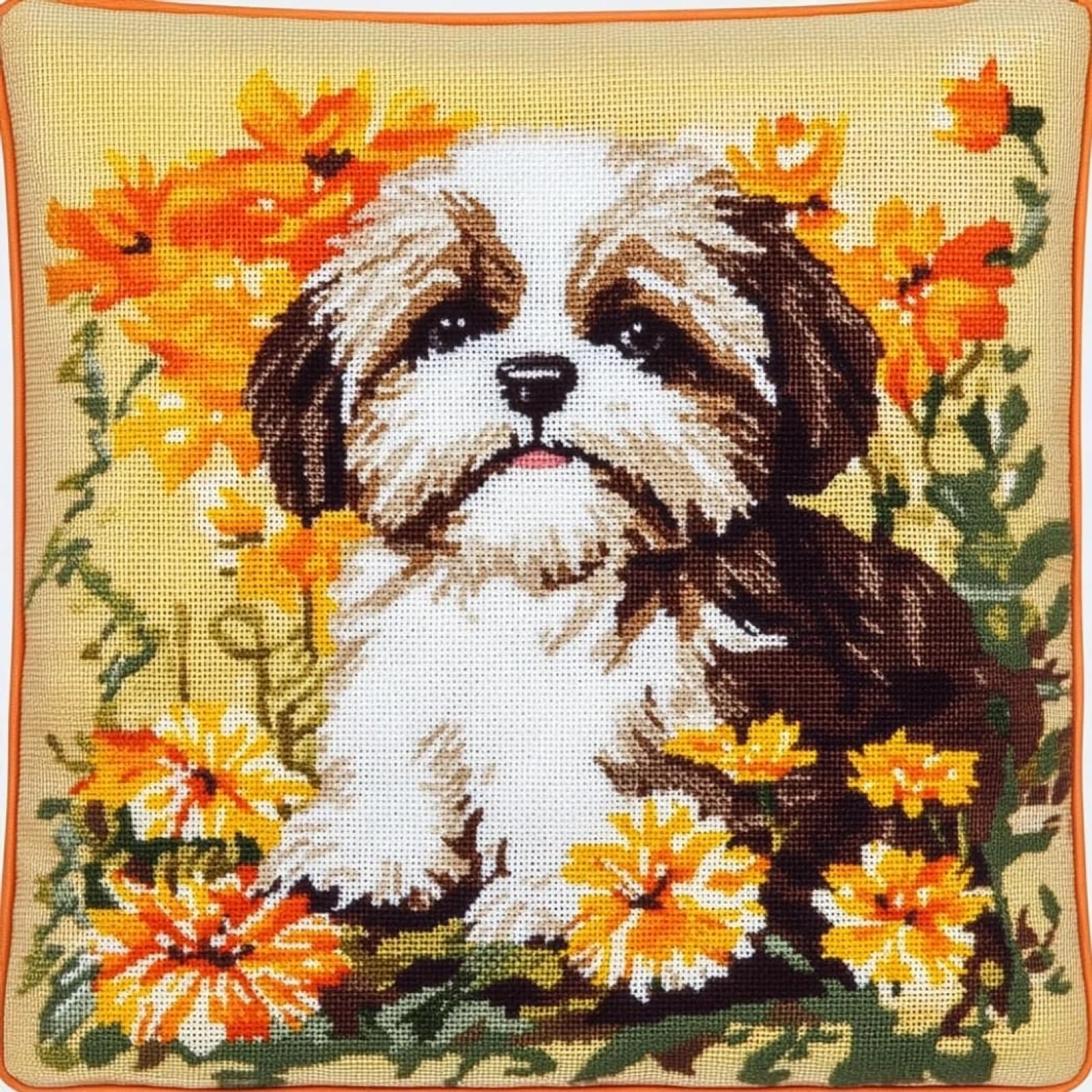 WallustrioaW DIY Printed Cross Stitch Pillow Kits,Shih Tzu in the Flowerbed Embroidery Kit for Adults 11CT Cross Stitch Printed Canvas Needlework Decoration 18x18in