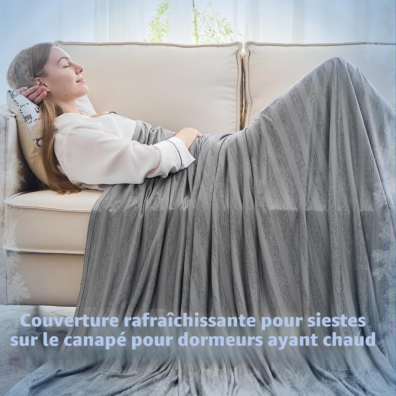EMME Couverture rafraîchissante, Arc-Chill Q-Max>0,5, 152 x 203 cm, Couverture d'été fine double face 2 en 1, Couvre-lit léger et respirant, Plaid pour canapé, Couvre-lit douillet, Gris rayé