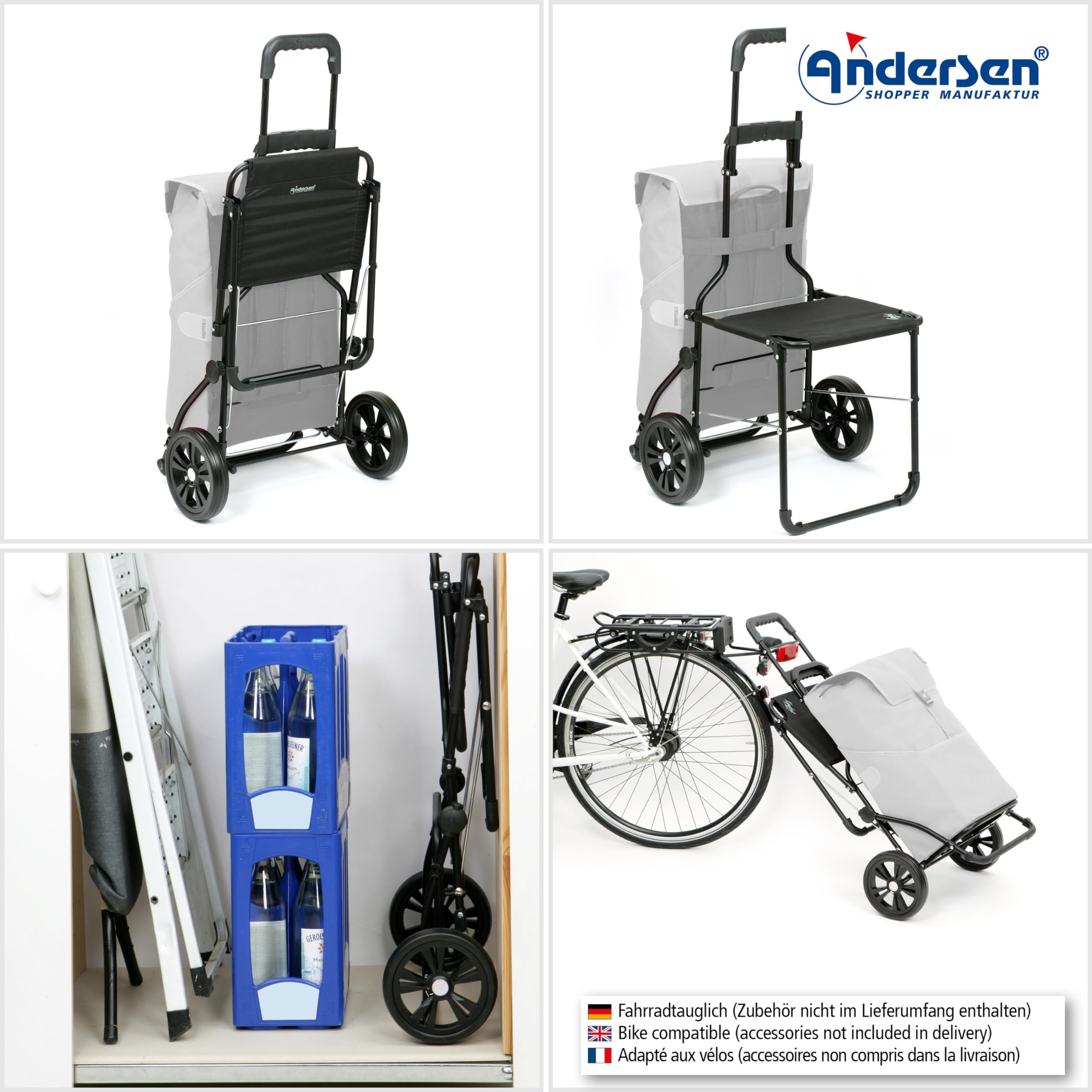 Andersen Einkaufstrolley - klappbar - 54 Liter - mit Klappsitz bis 120 kg | belastbar 50 kg - Stahlgestell - Trolley - Komfort Shopper Milla schwarz