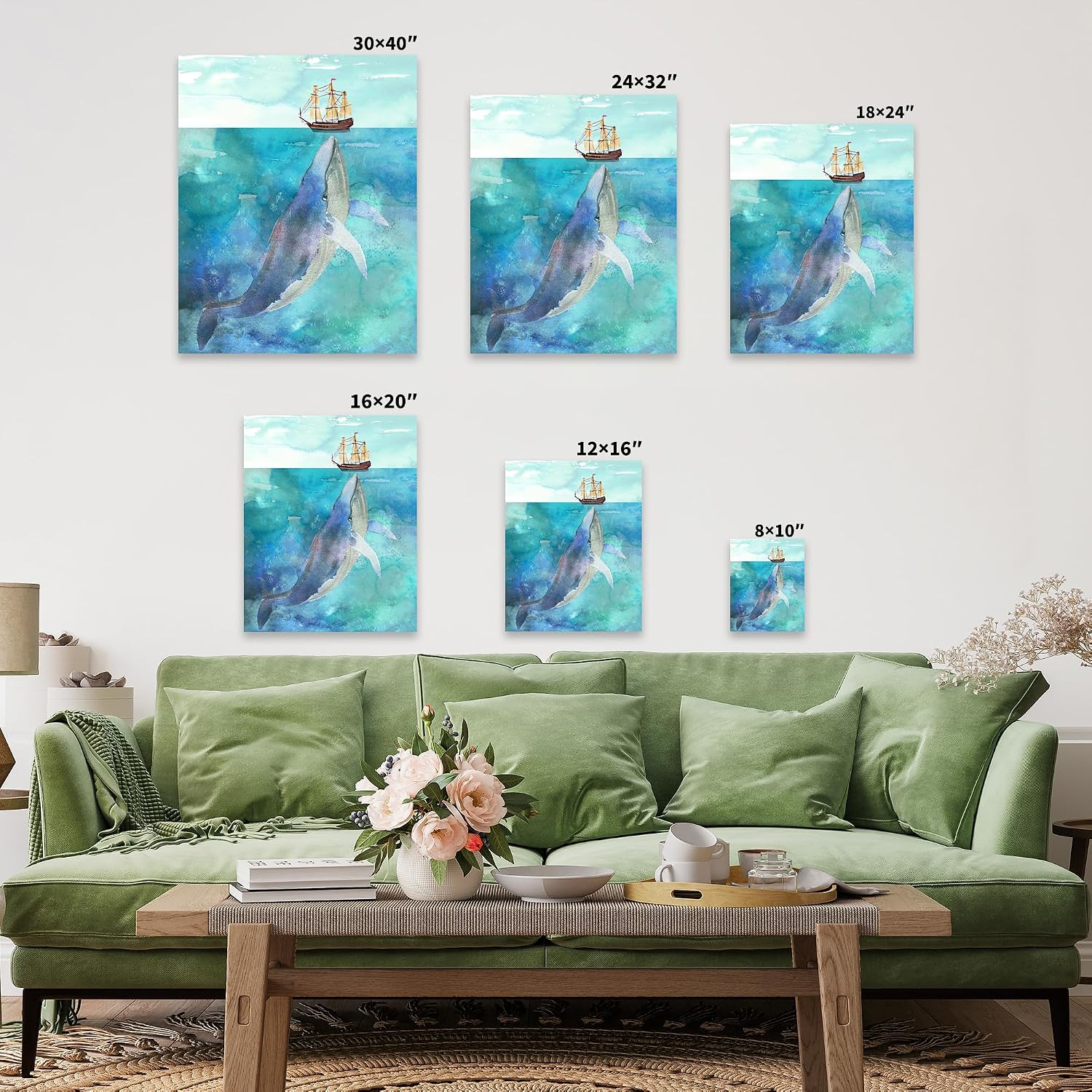 Poster Master Whale Canvas - Whale and Ship Print - Watercolor Art - Ocean Art - Gift for Men, Women, Animal Lover - Nautical Decor for Bedroom, Ocean or Beach House - 8x10 STRETCHED Canvas